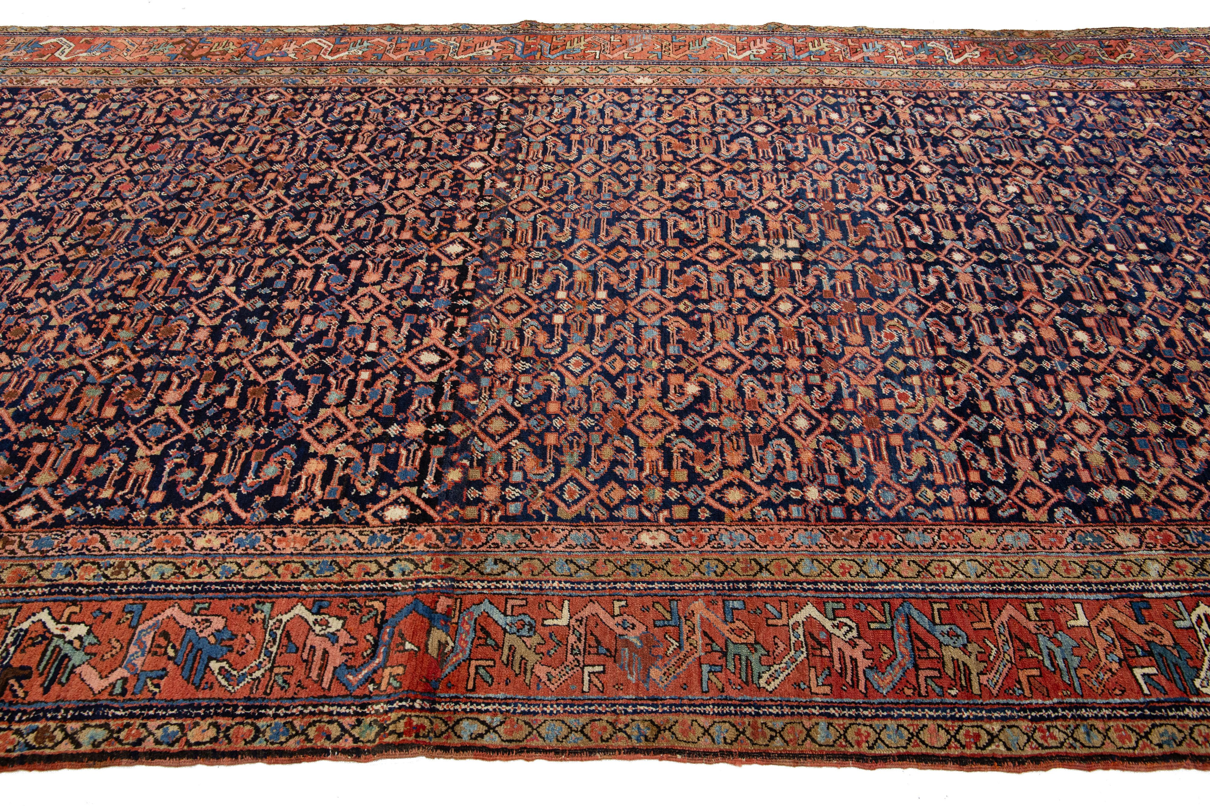 Allover Designed Antique Malayer Persian Wool Rug In Navy Blue For Sale 1