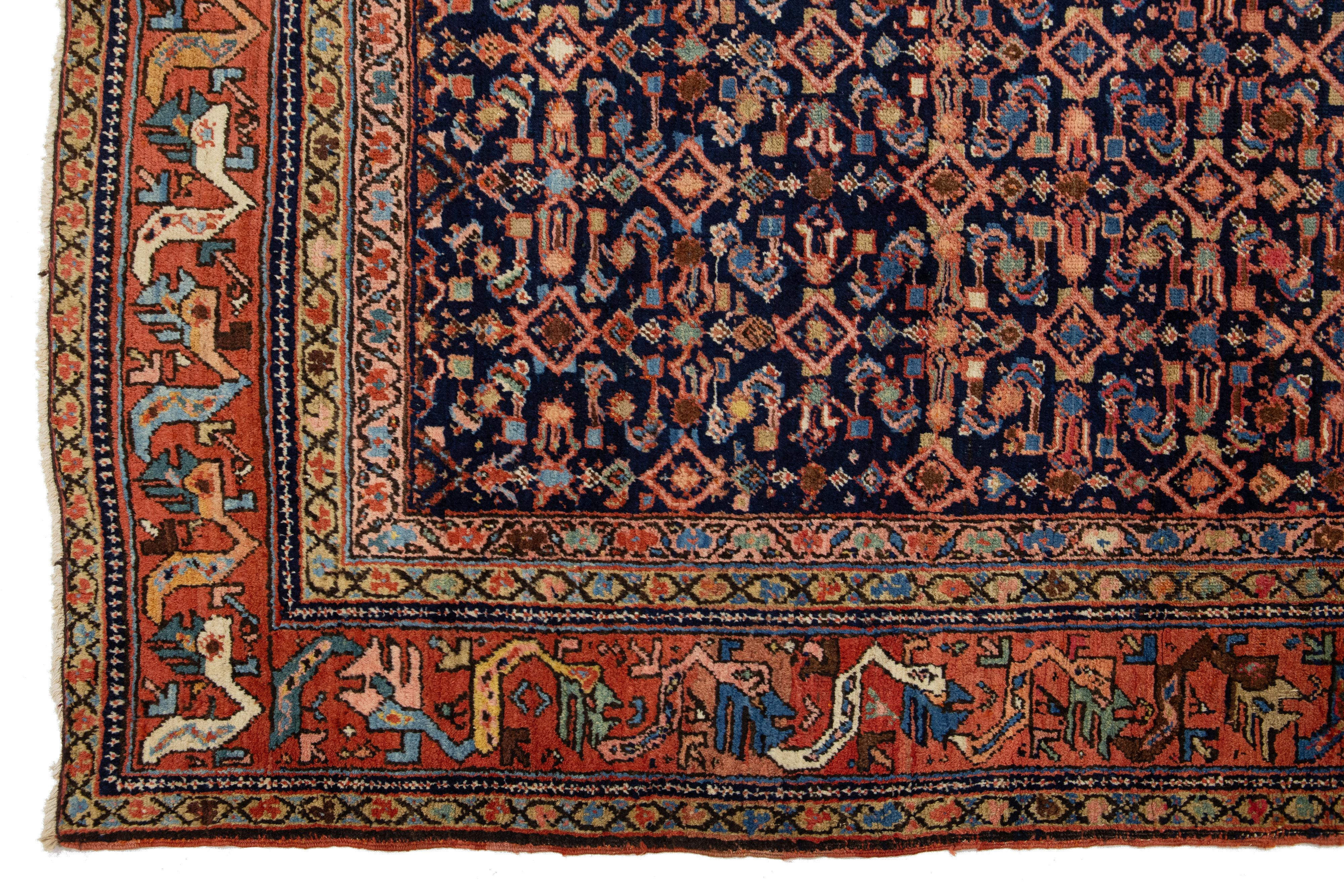 Allover Designed Antique Malayer Persian Wool Rug In Navy Blue For Sale 2