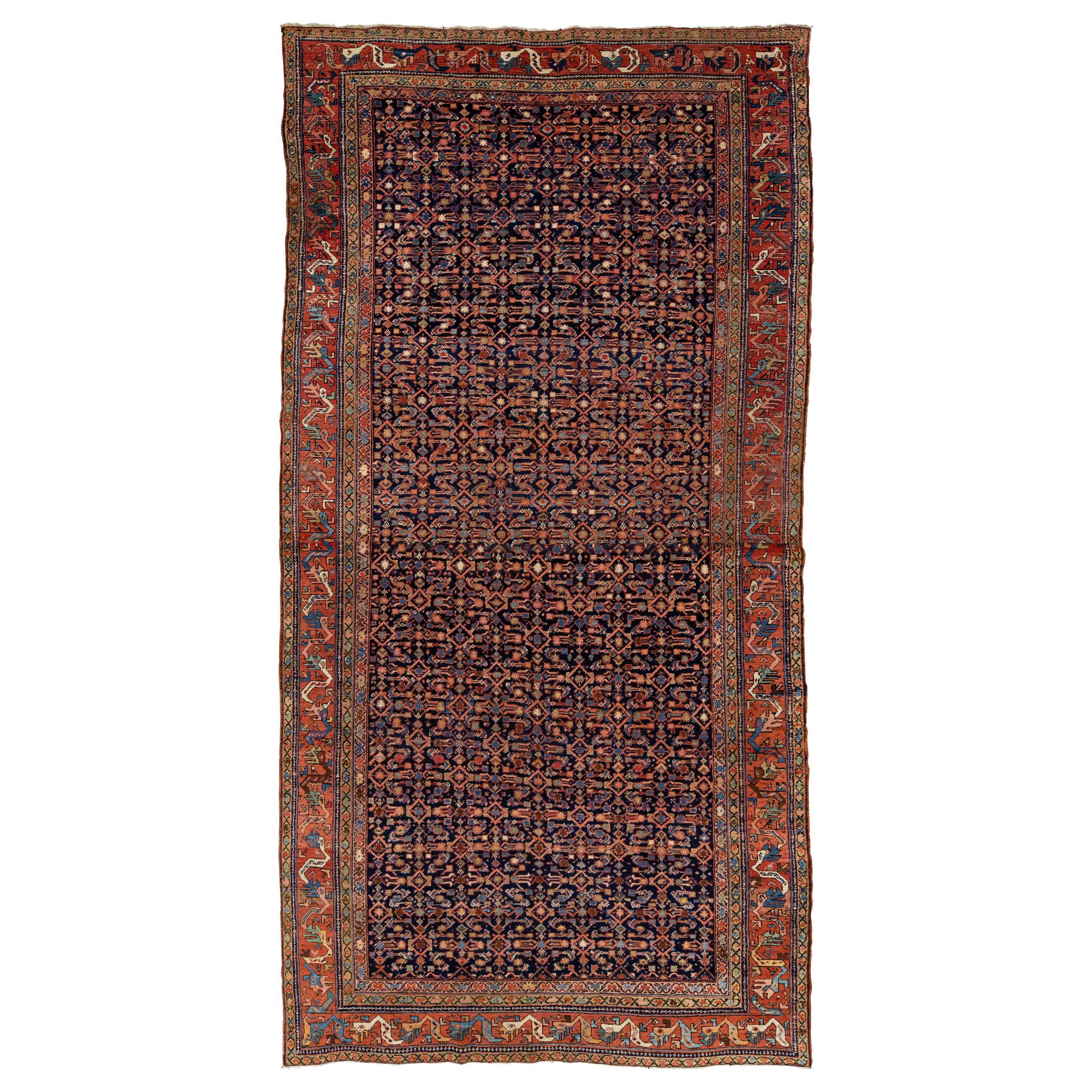 Tapis persan ancien Malayer en laine bleu marine entièrement conçu