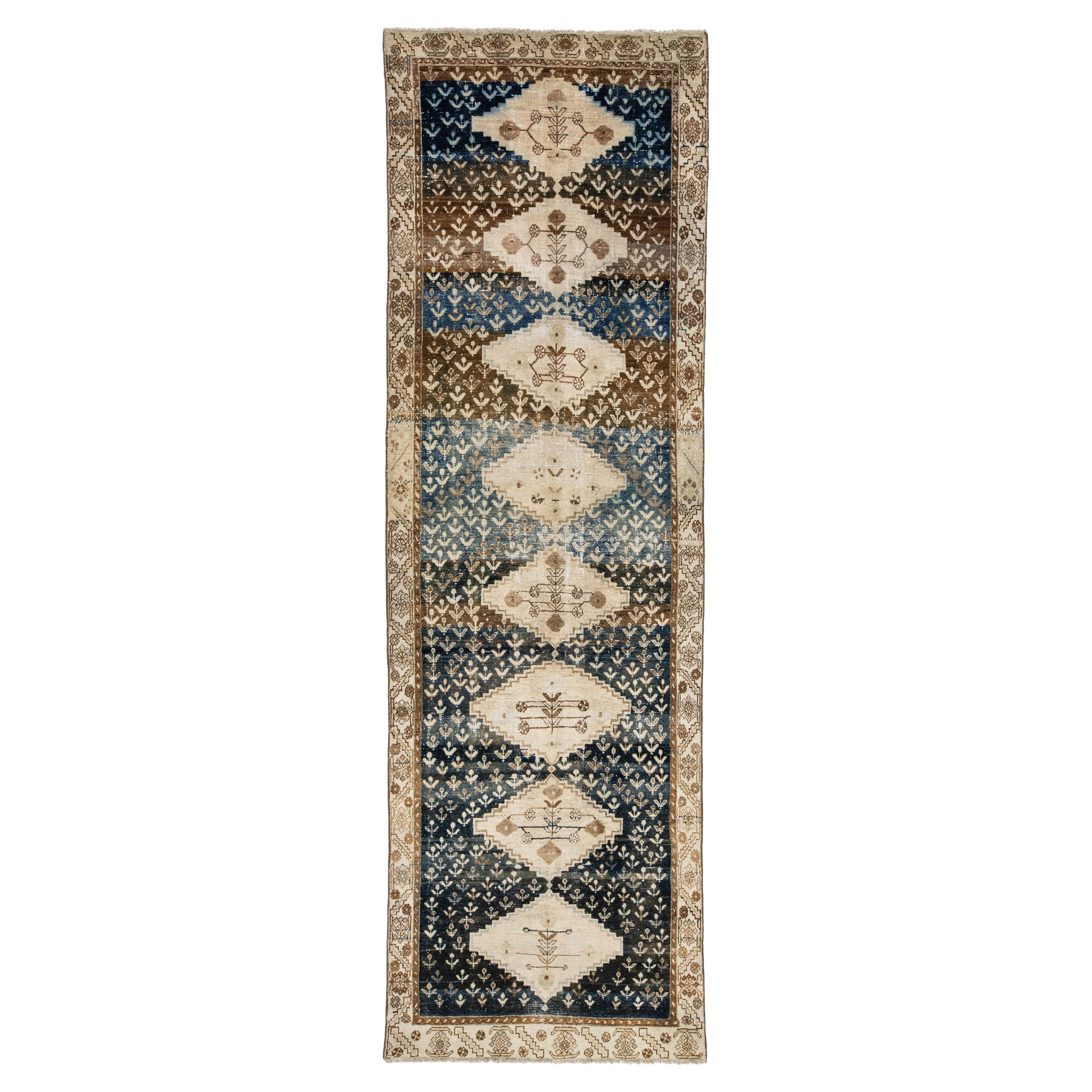 Allover Designed Antique Persian Malayer Wool Runner In Blue and Brown For Sale