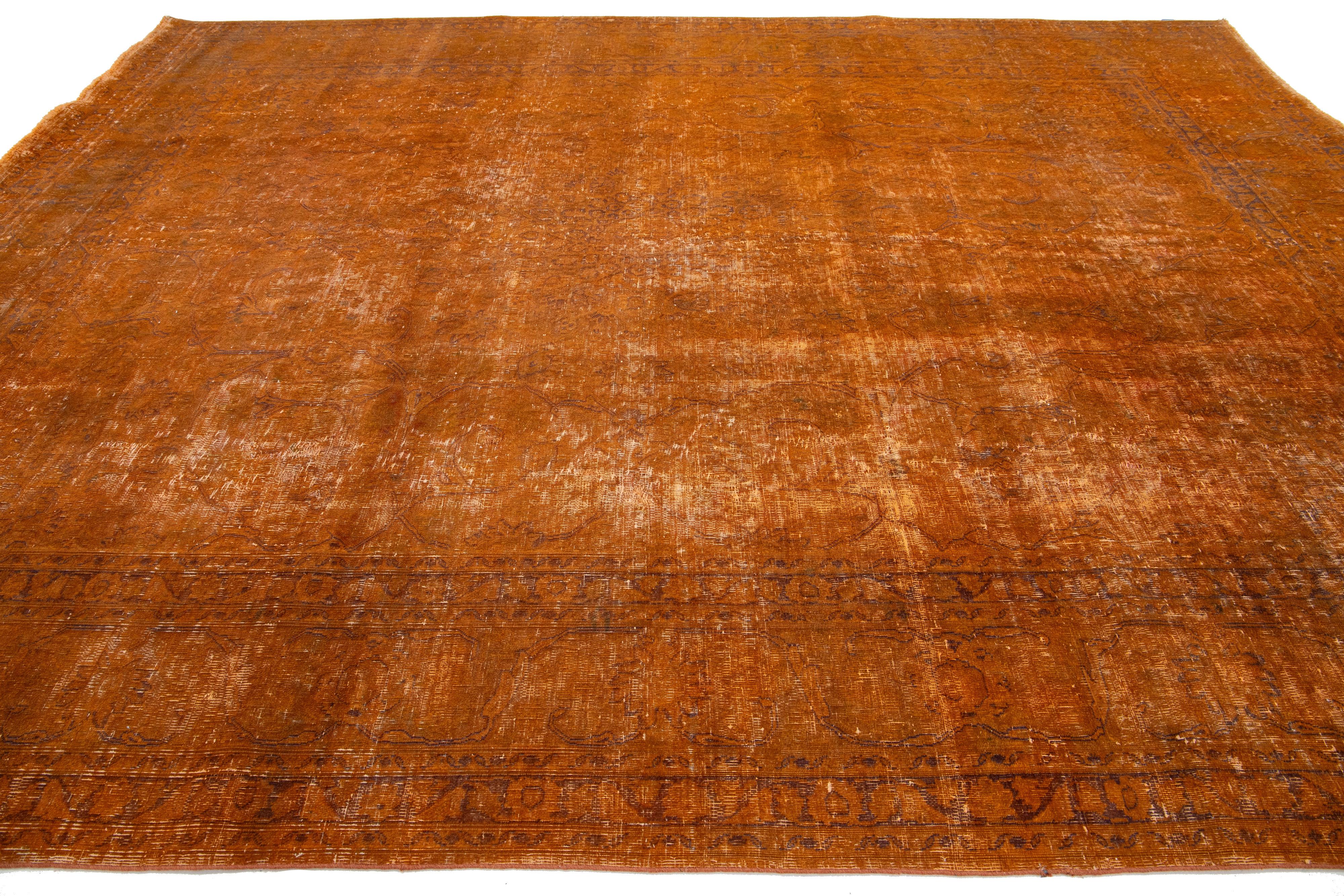 Hand-Knotted Allover Designed Antique Persian Overdyed Wool Rug In Orange For Sale