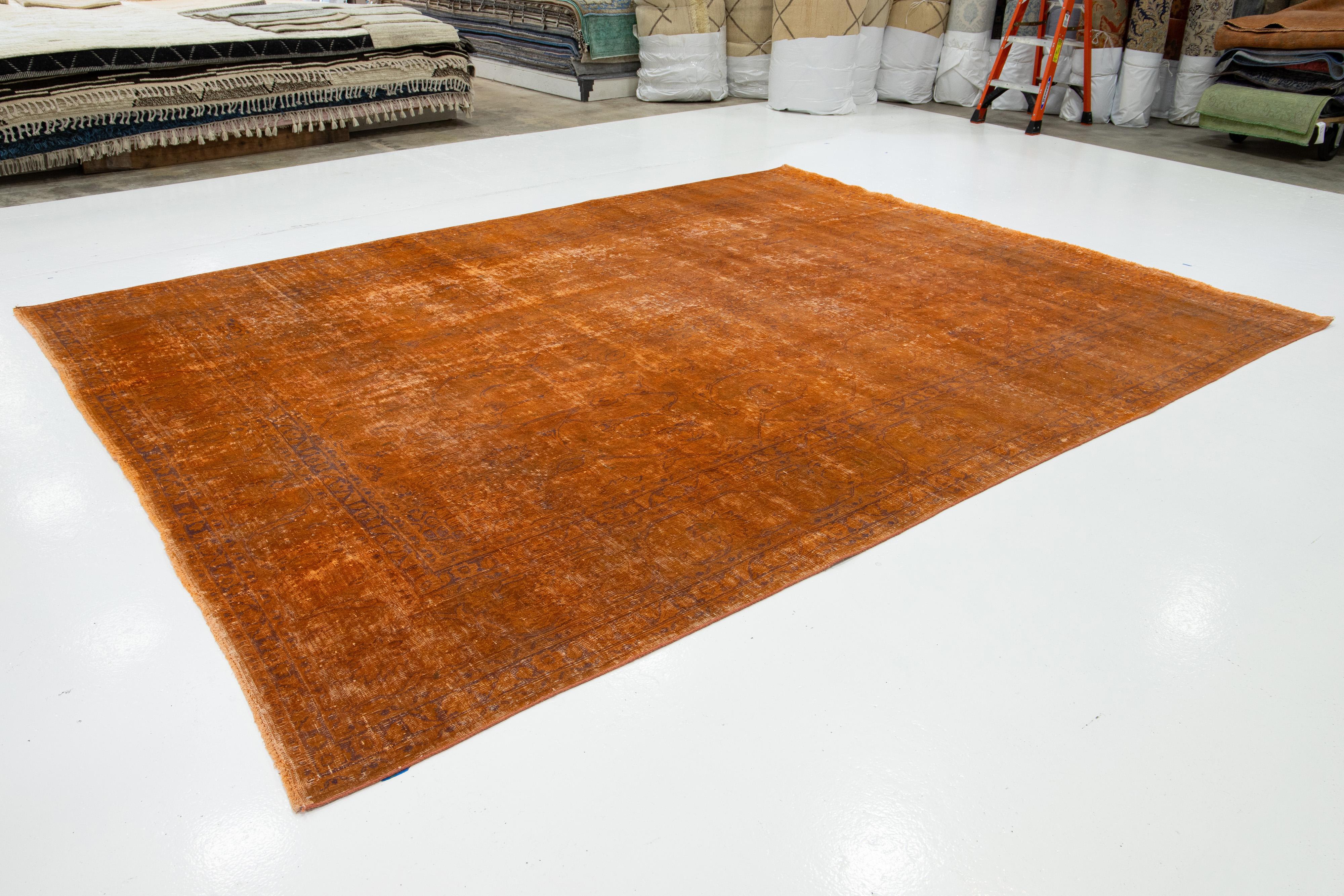 Allover Designed Antique Persian Overdyed Wool Rug In Orange In Good Condition For Sale In Norwalk, CT