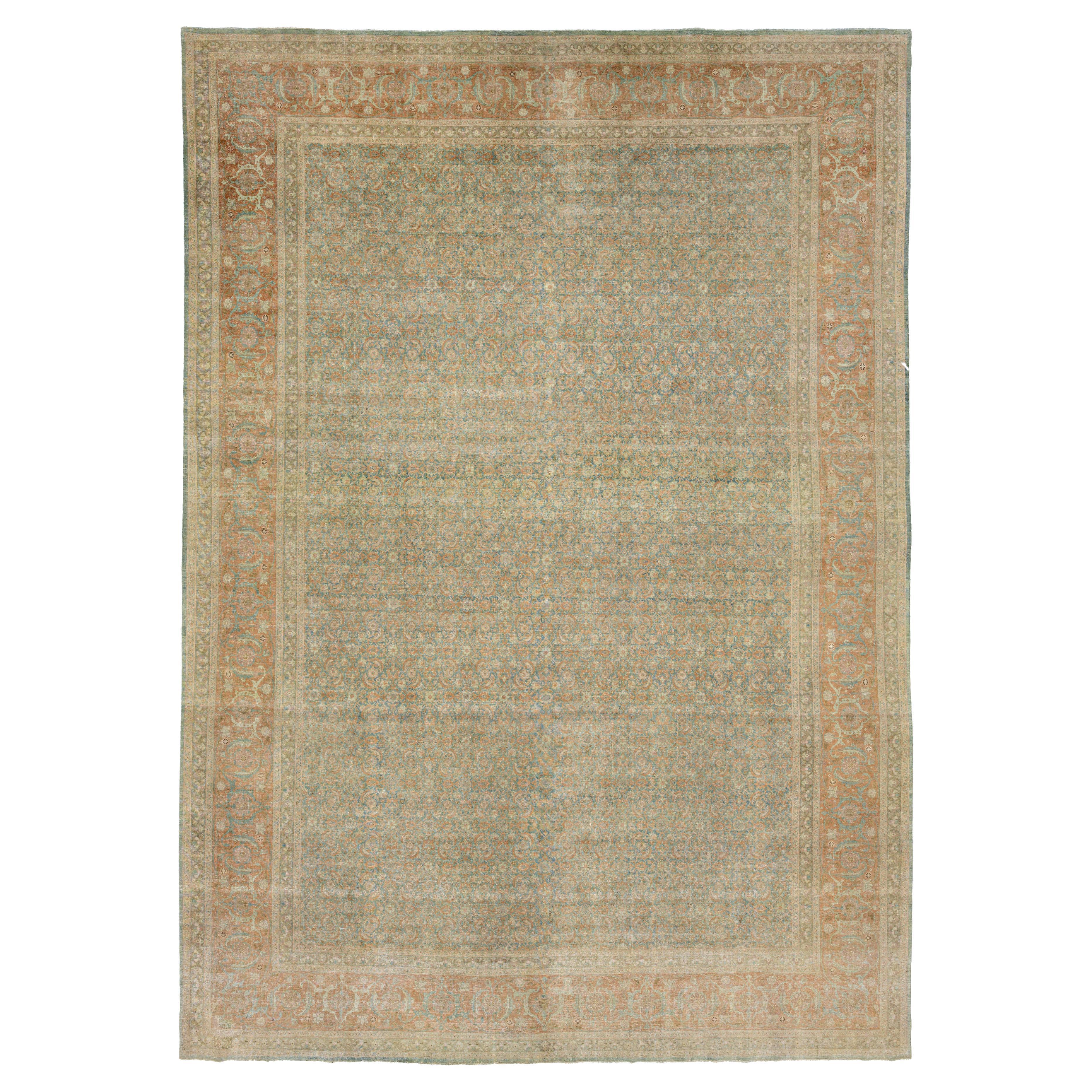 Allover Designed Antique Persian Tabriz Wool Rug Handmade in Blue From The 1900s