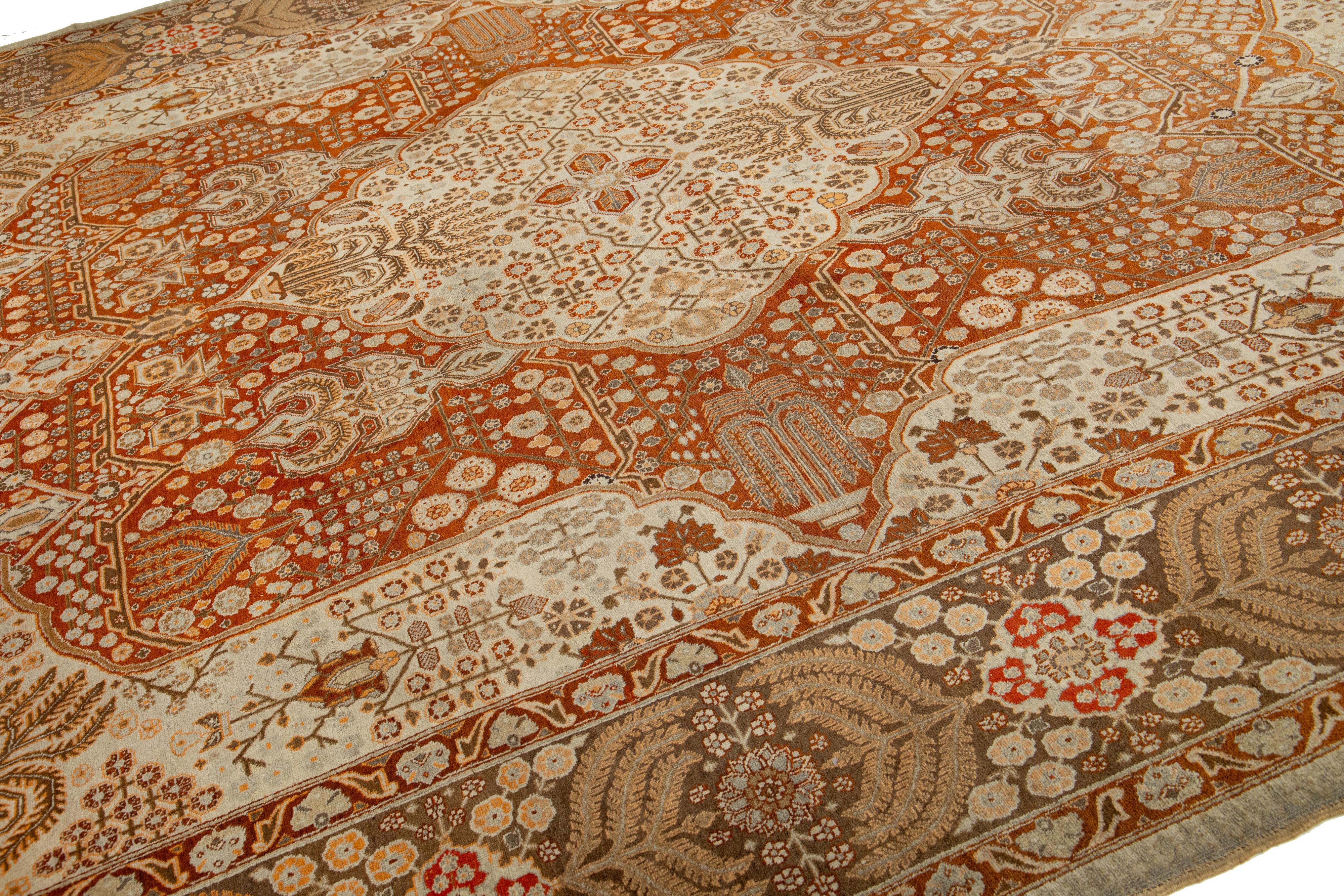 Tappeto Tabriz antico persiano in lana arancione con disegno a trifoglio in vendita 3