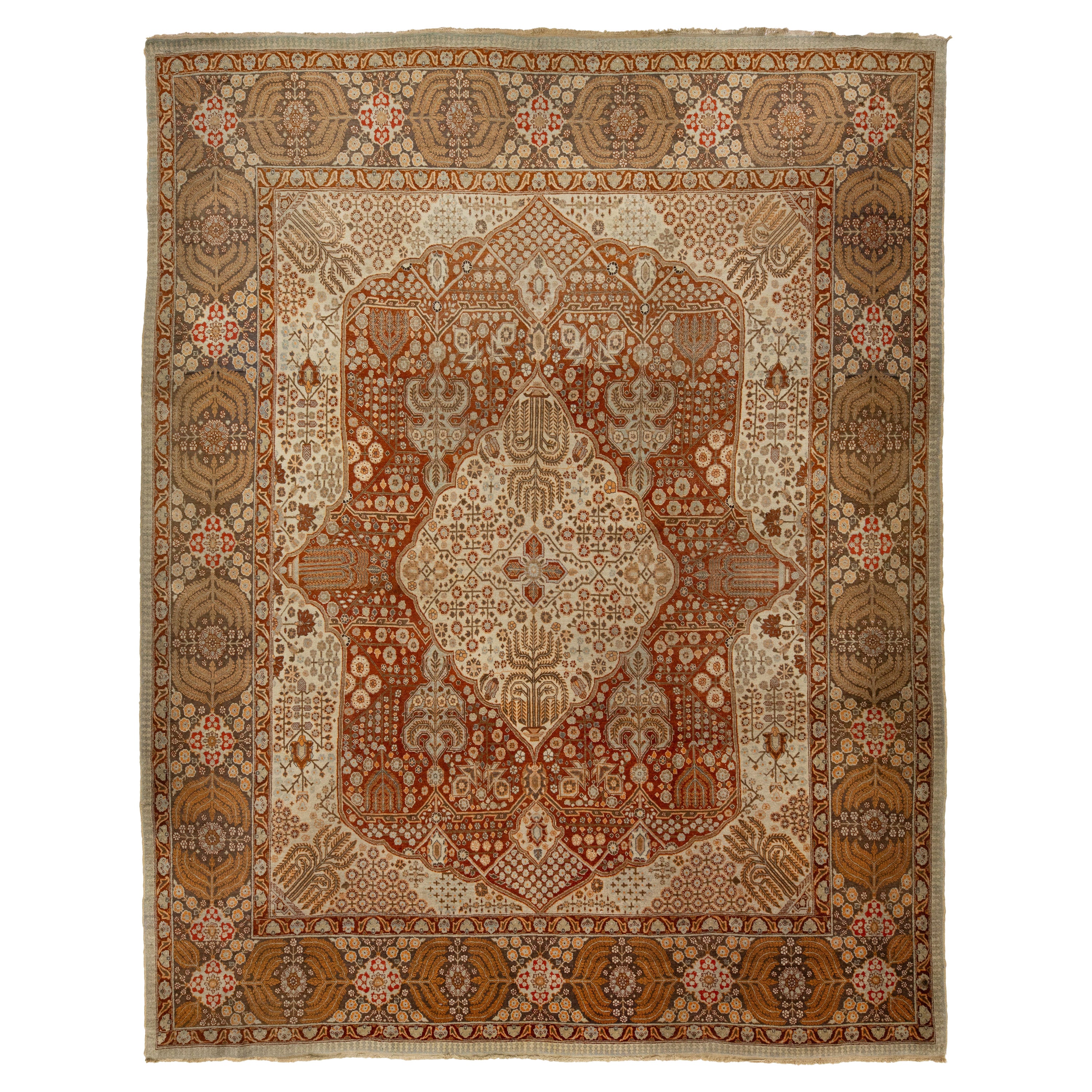 Tappeto Tabriz antico persiano in lana arancione con disegno a trifoglio