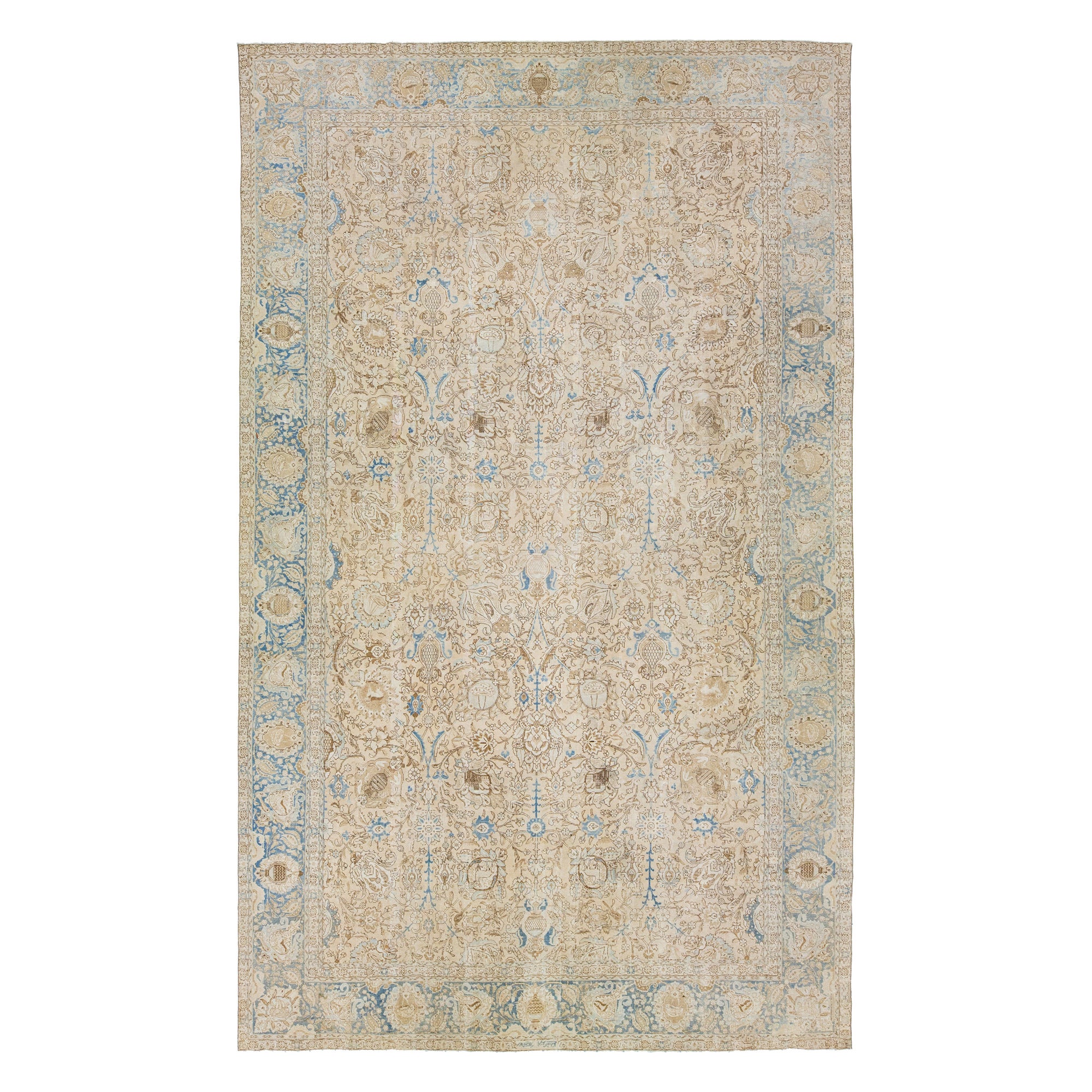 Allover entworfener antiker Wollteppich Persisch Tabriz von 1910s in Beige
