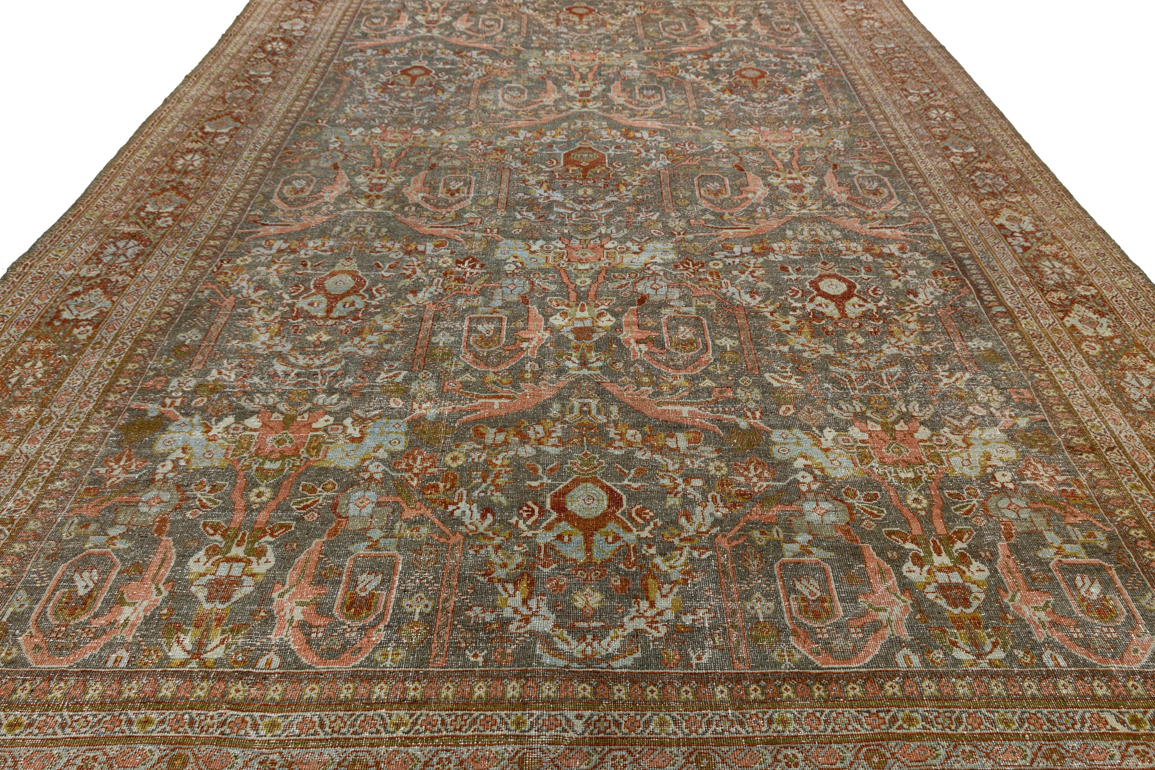 Lana Allover Designed Handmade Mahal Wool Rug In Gray From The 1900s in vendita