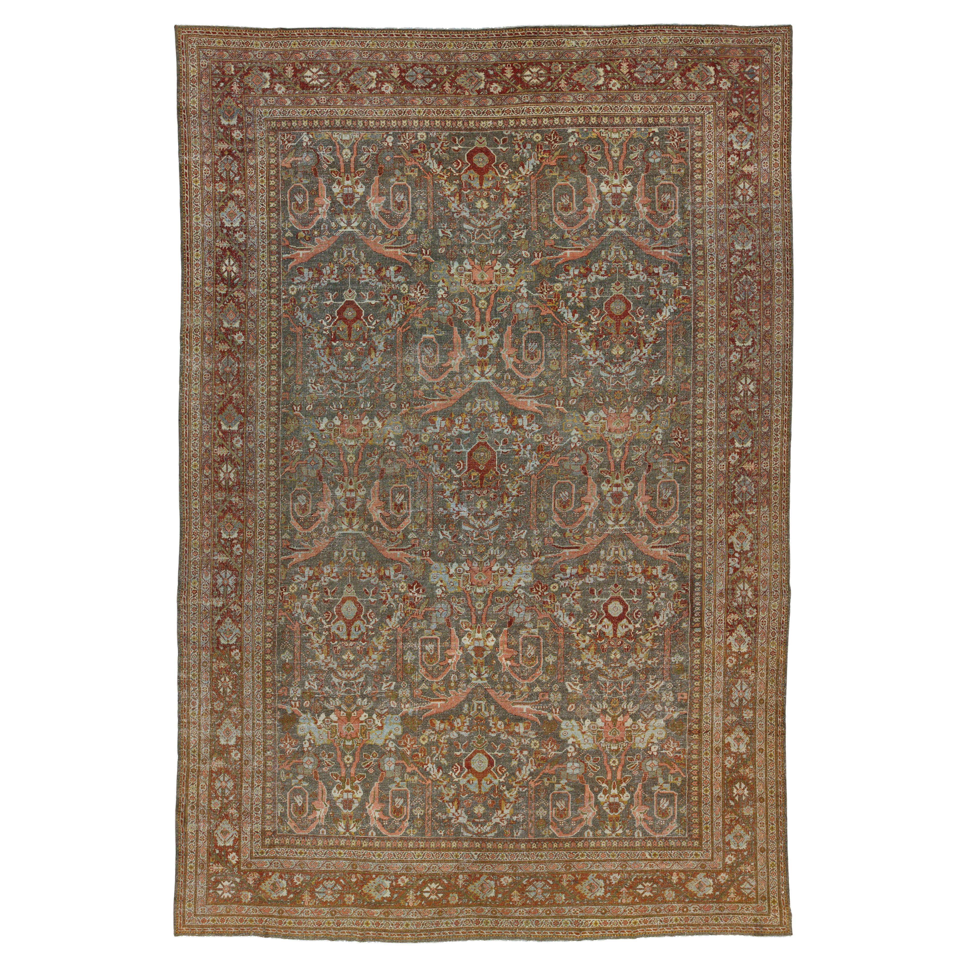 Allover Designed Handmade Mahal Wool Rug In Gray From The 1900s
