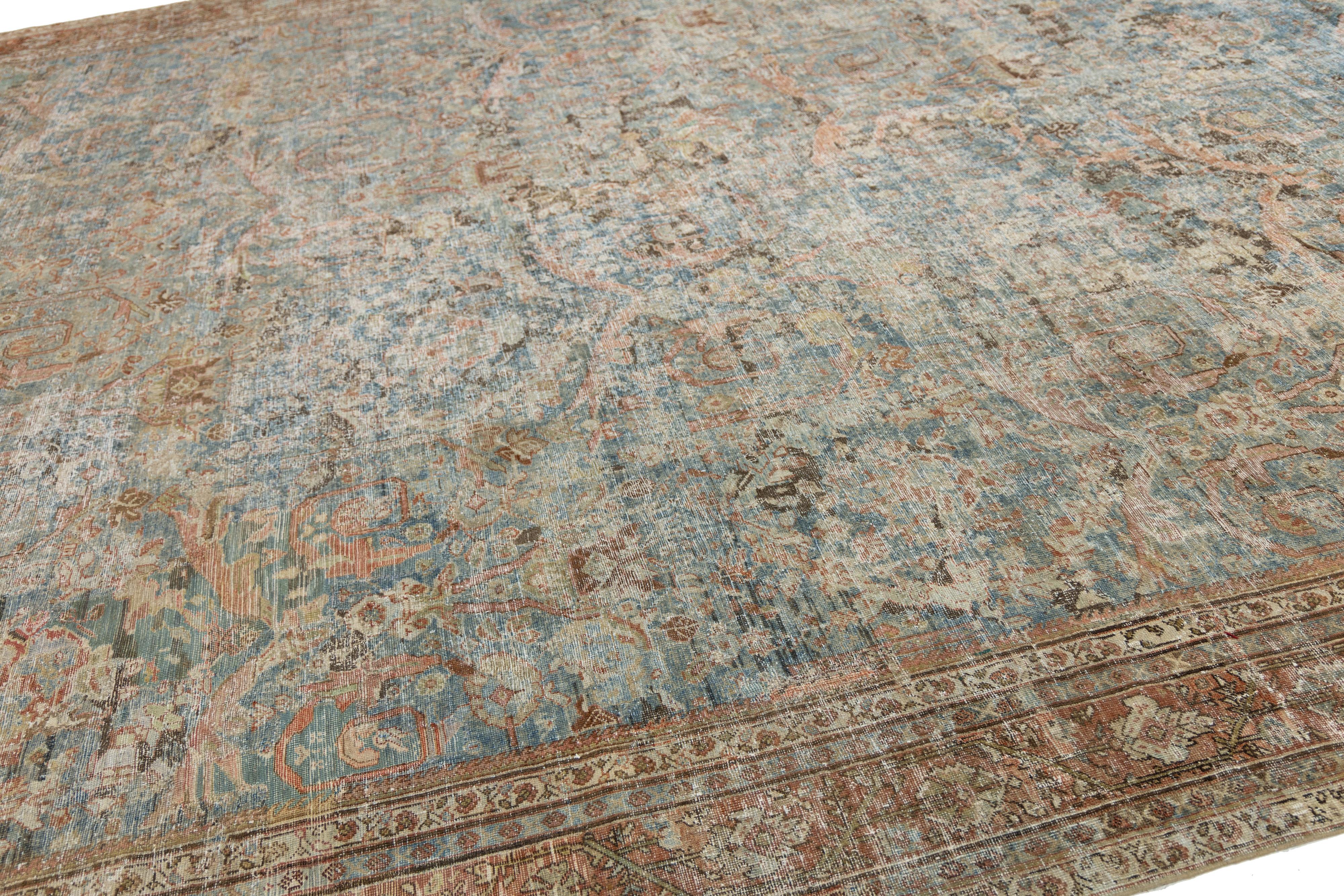 Allover entworfene handgefertigte Mahal Wollteppich in gedämpften Blau aus den 1900er Jahren (Handgeknüpft) im Angebot