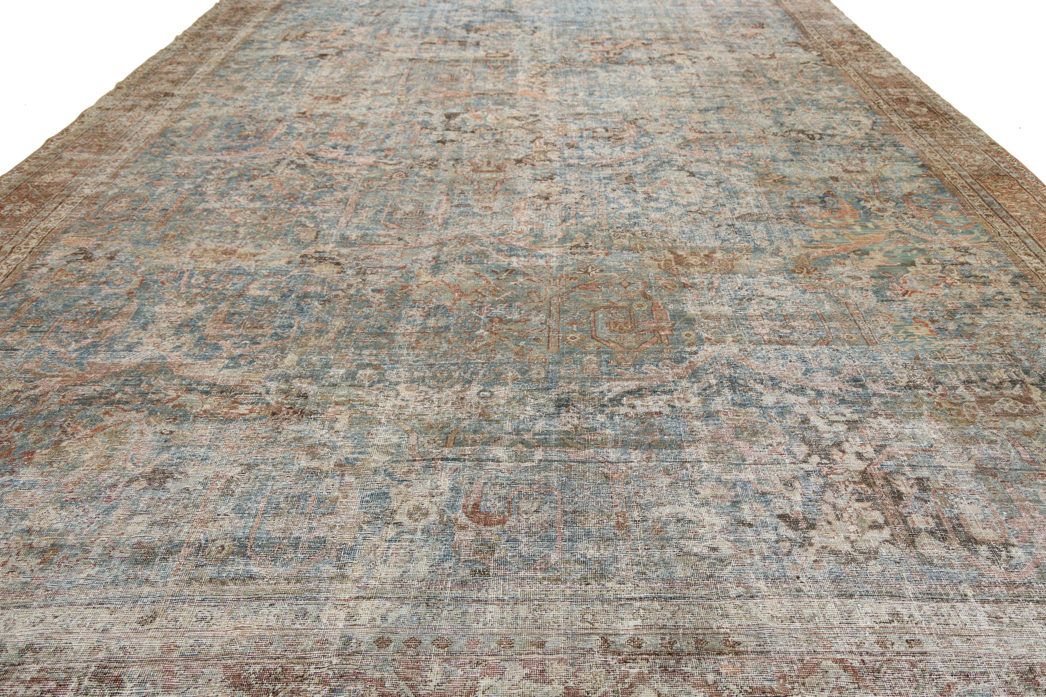 Allover entworfene handgefertigte Mahal Wollteppich in gedämpften Blau aus den 1900er Jahren (Wolle) im Angebot