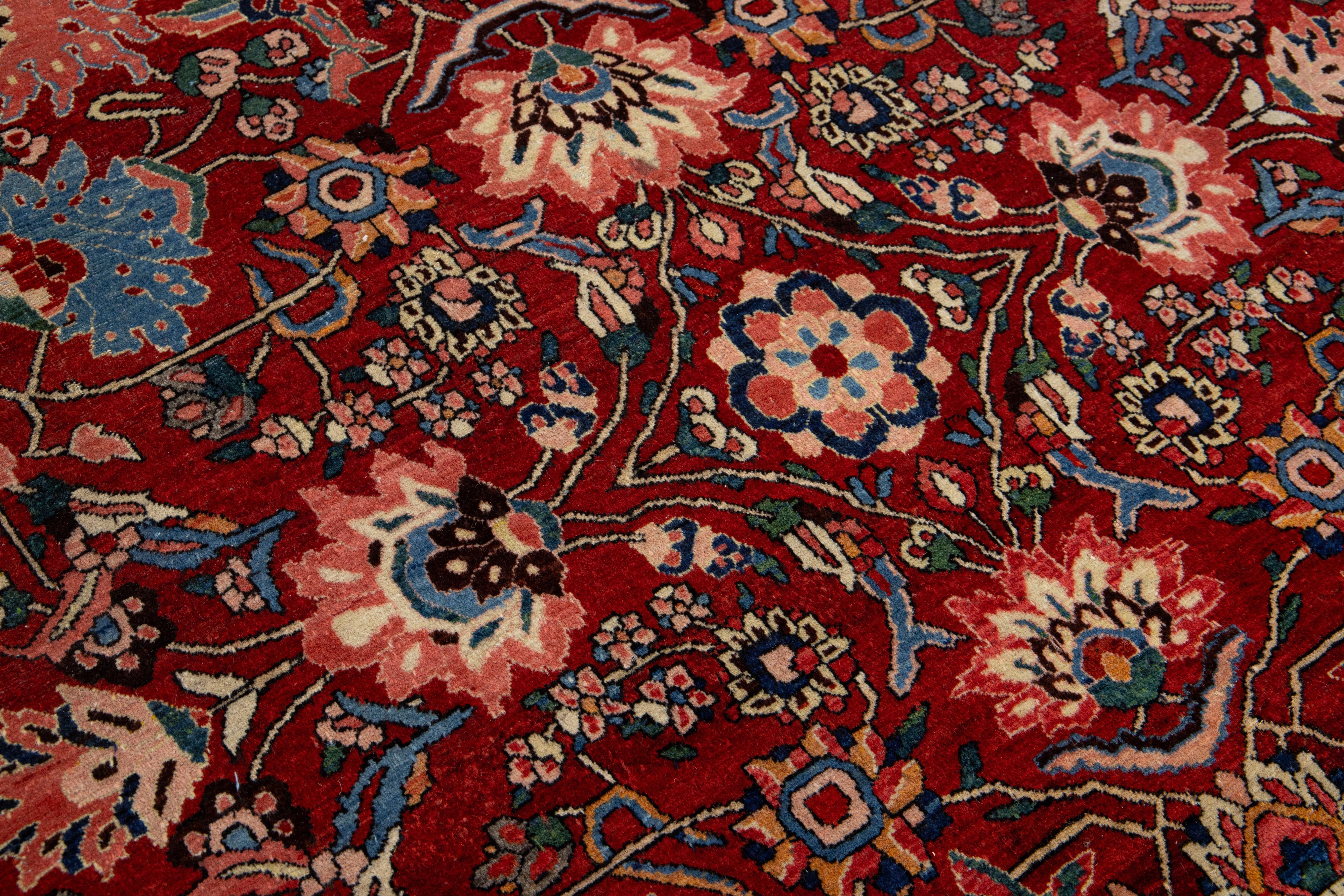 Hand-Knotted Allover Designed Handmade Mahal Wool Rug In Red For Sale