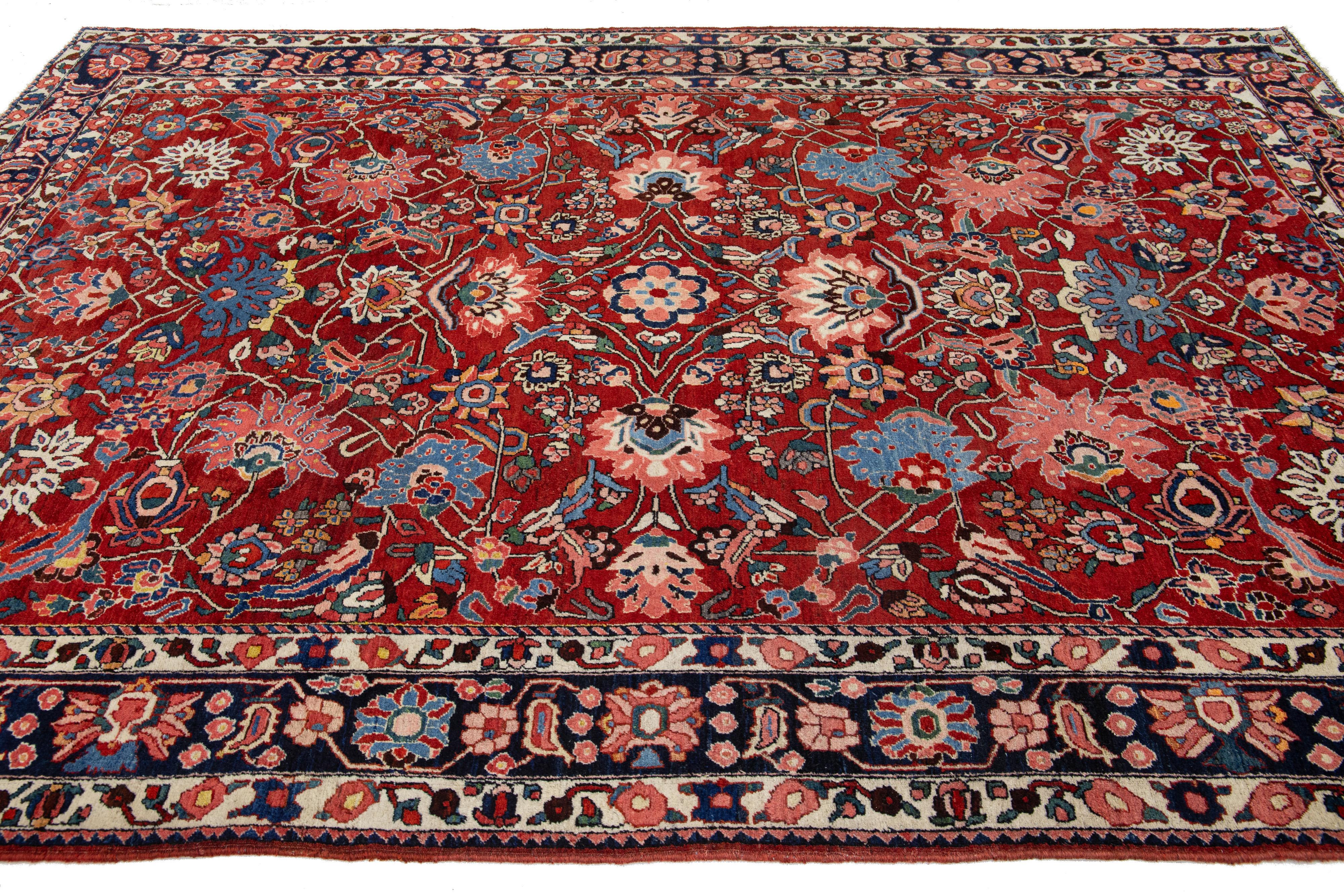 Allover Designed Handmade Mahal Wool Rug In Red For Sale 1