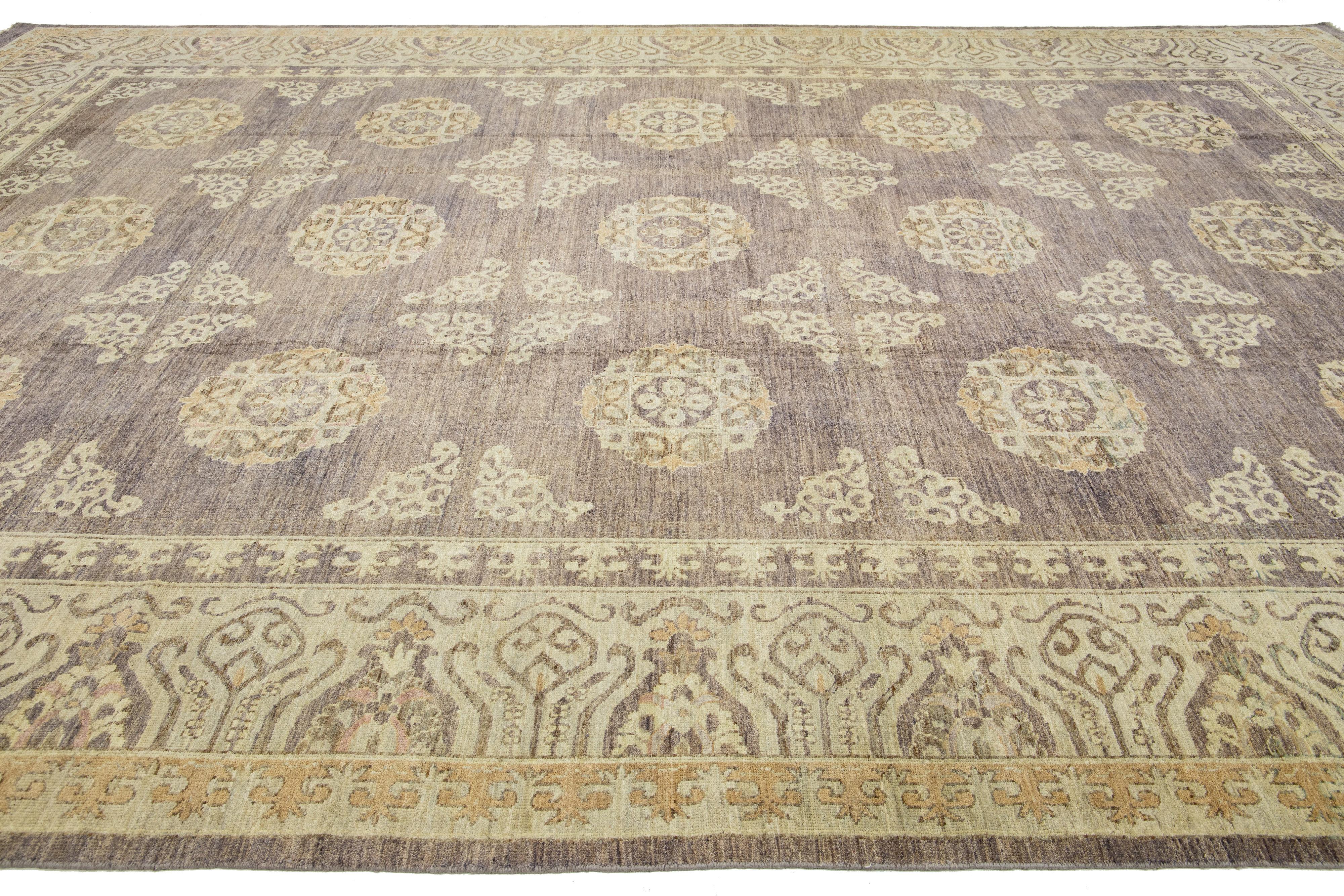 Allover Designed Modern Khotan Wool Rug Handmade In Brown and Blue Field Colors  In New Condition For Sale In Norwalk, CT