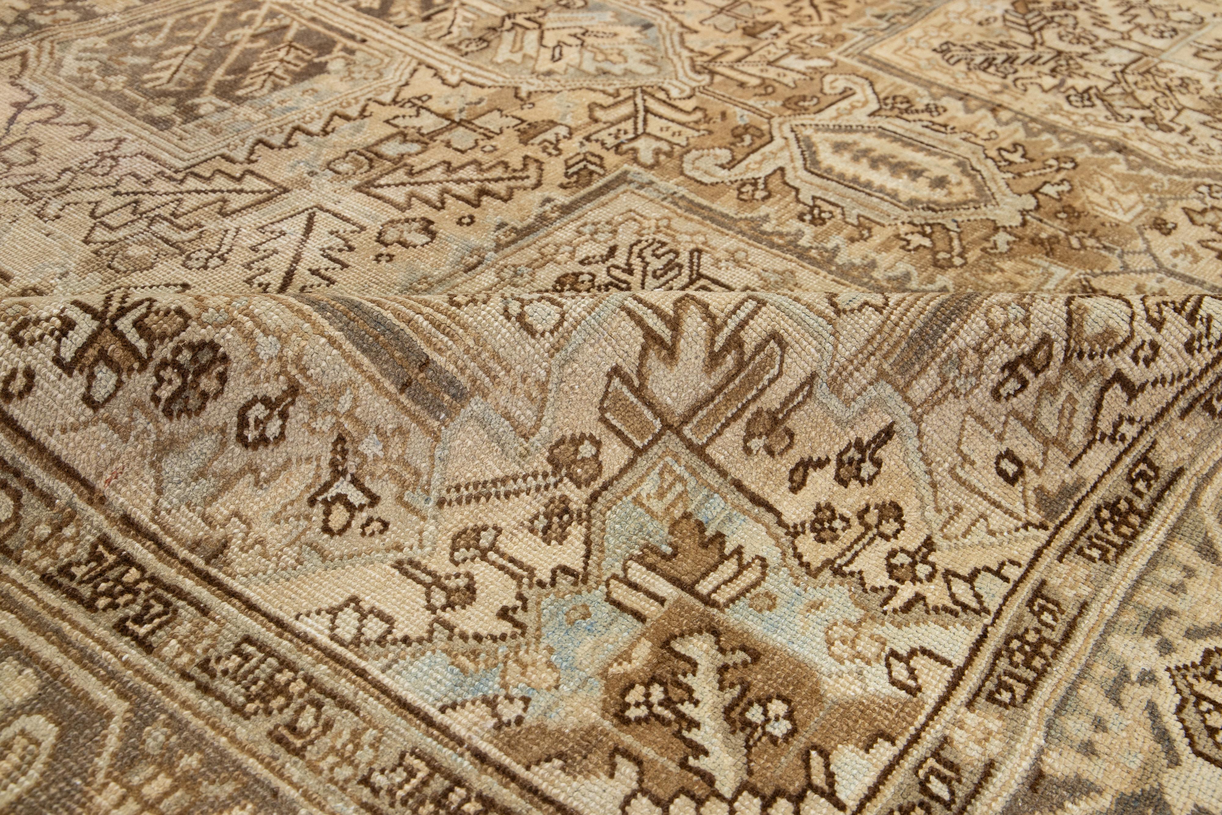  Allover Designed Persian Heriz Antique Wool Rug In light Brown From The 1920s For Sale 4