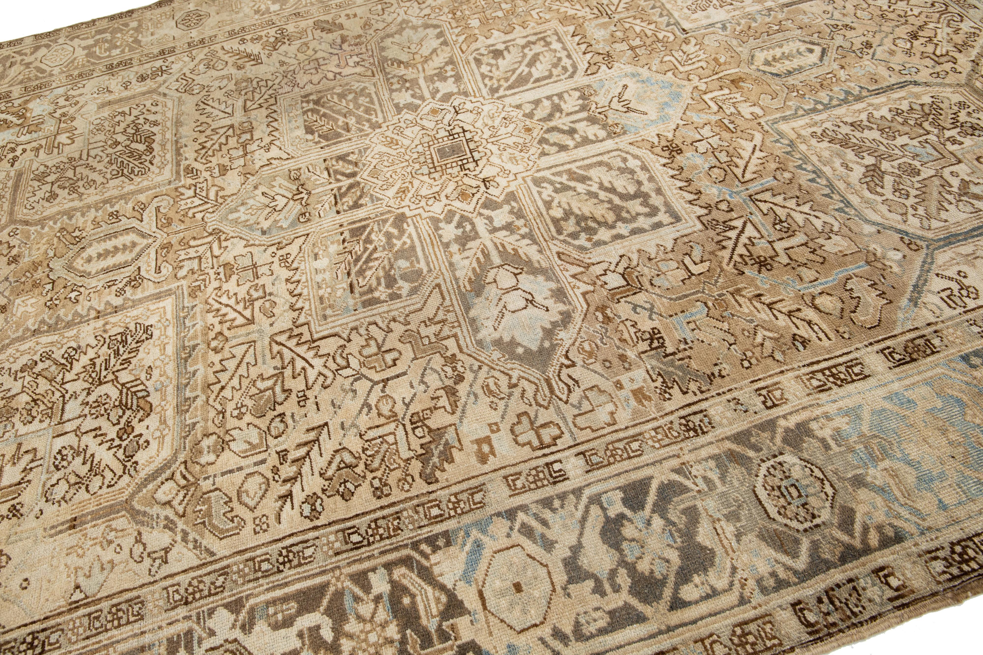 Hand-Knotted  Allover Designed Persian Heriz Antique Wool Rug In light Brown From The 1920s For Sale