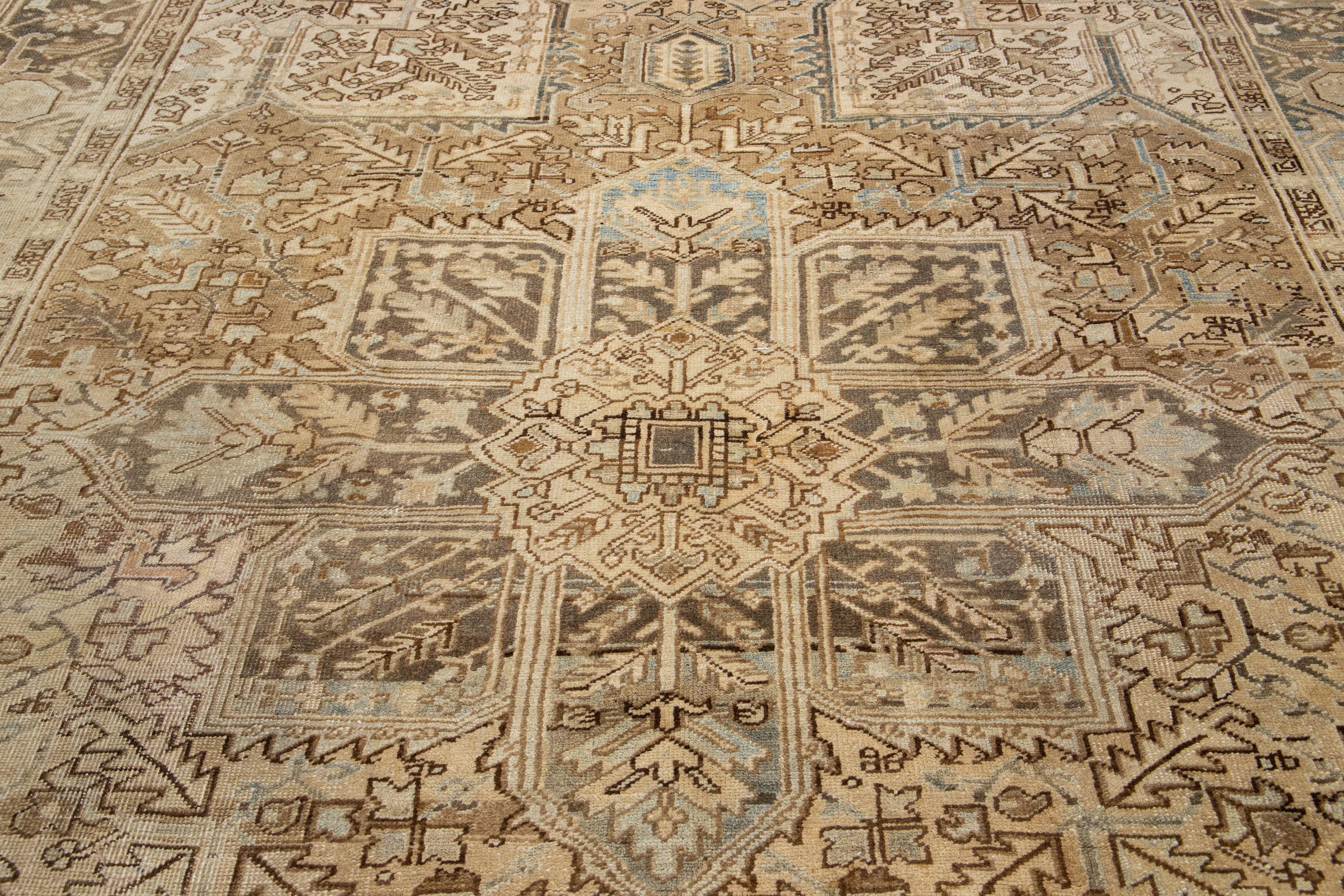  Allover Designed Persian Heriz Antique Wool Rug In light Brown From The 1920s For Sale 2