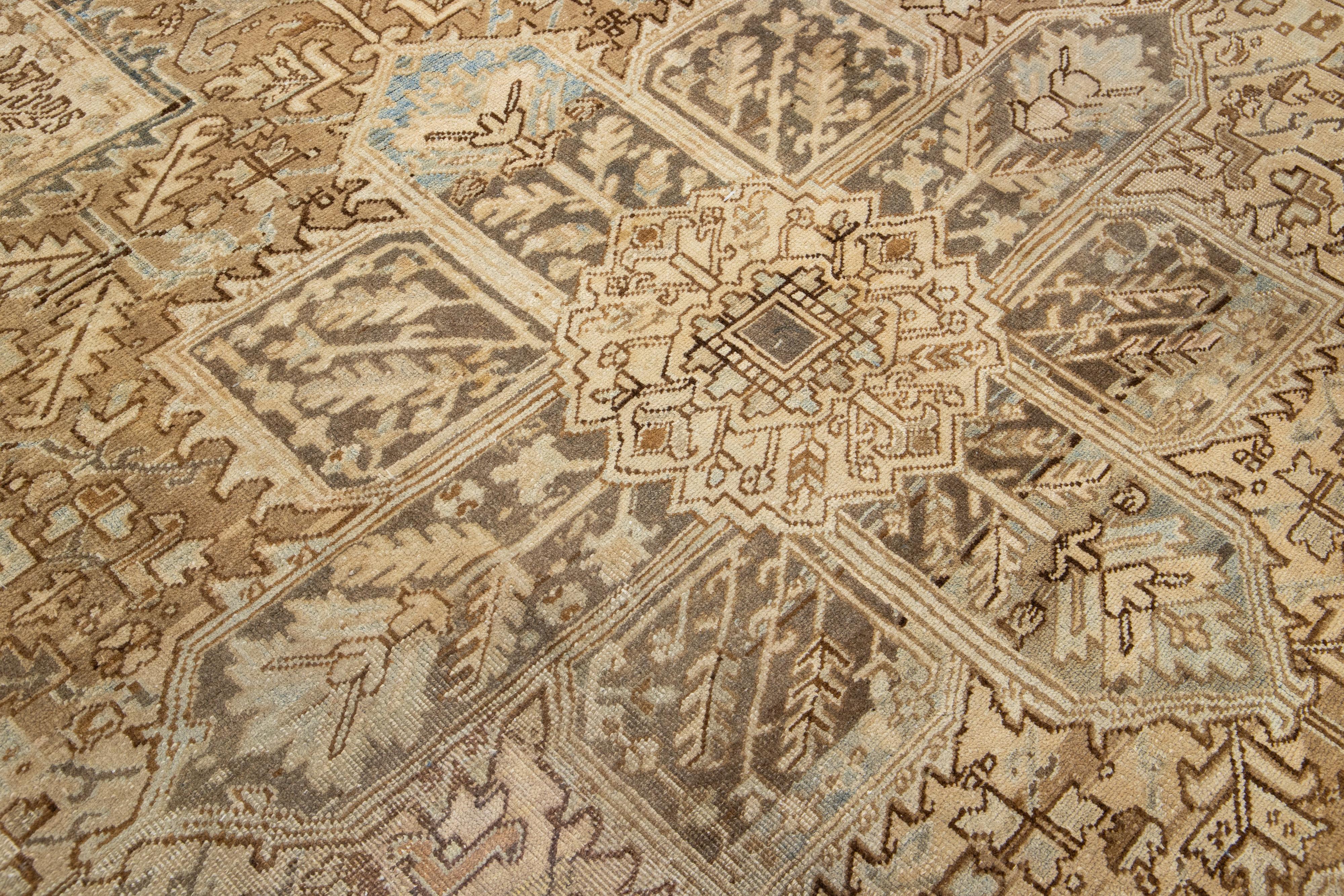  Allover Designed Persian Heriz Antique Wool Rug In light Brown From The 1920s For Sale 3