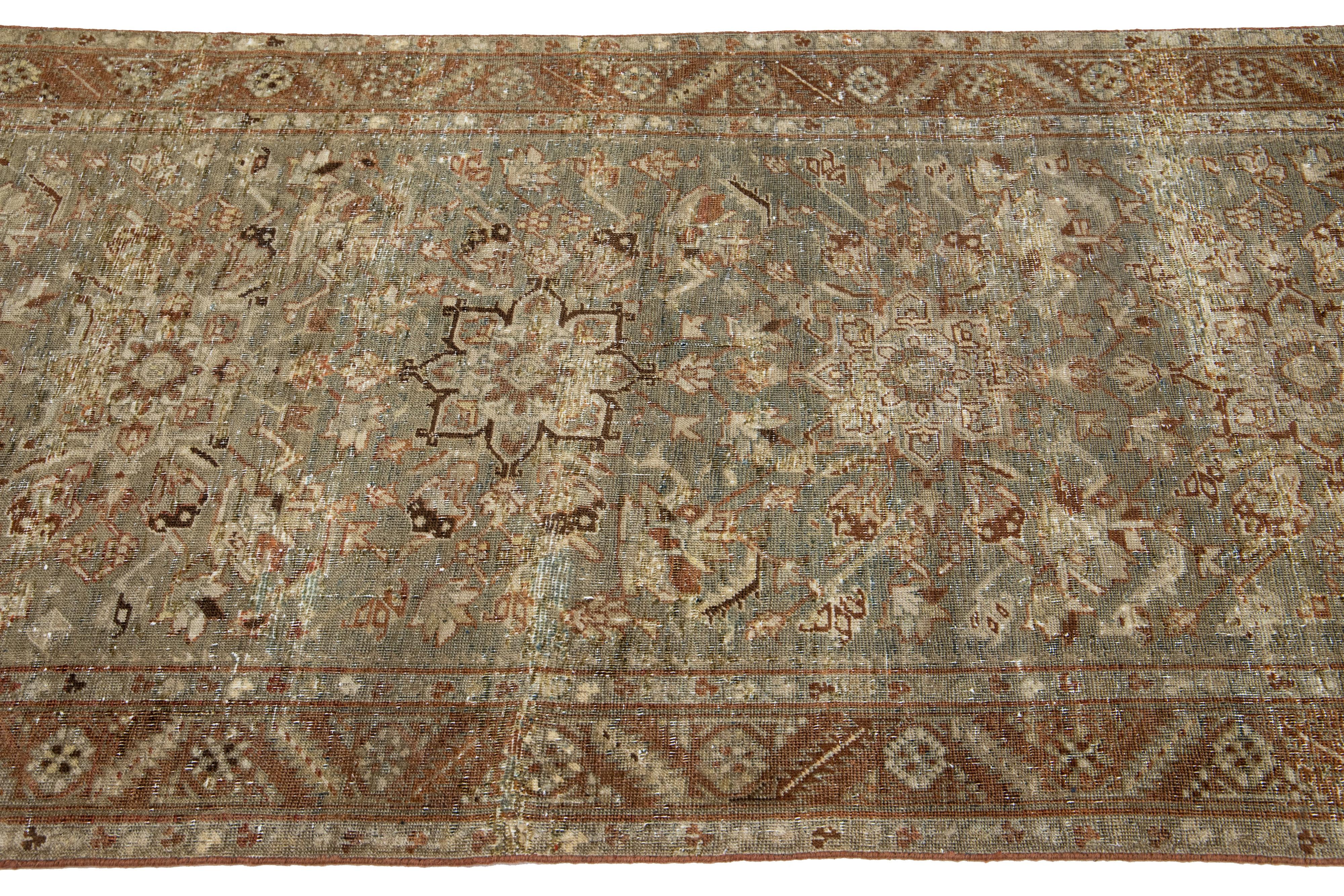  Allover Floral Antique Malayer Persian Wool Runner In Blue In Distressed Condition For Sale In Norwalk, CT