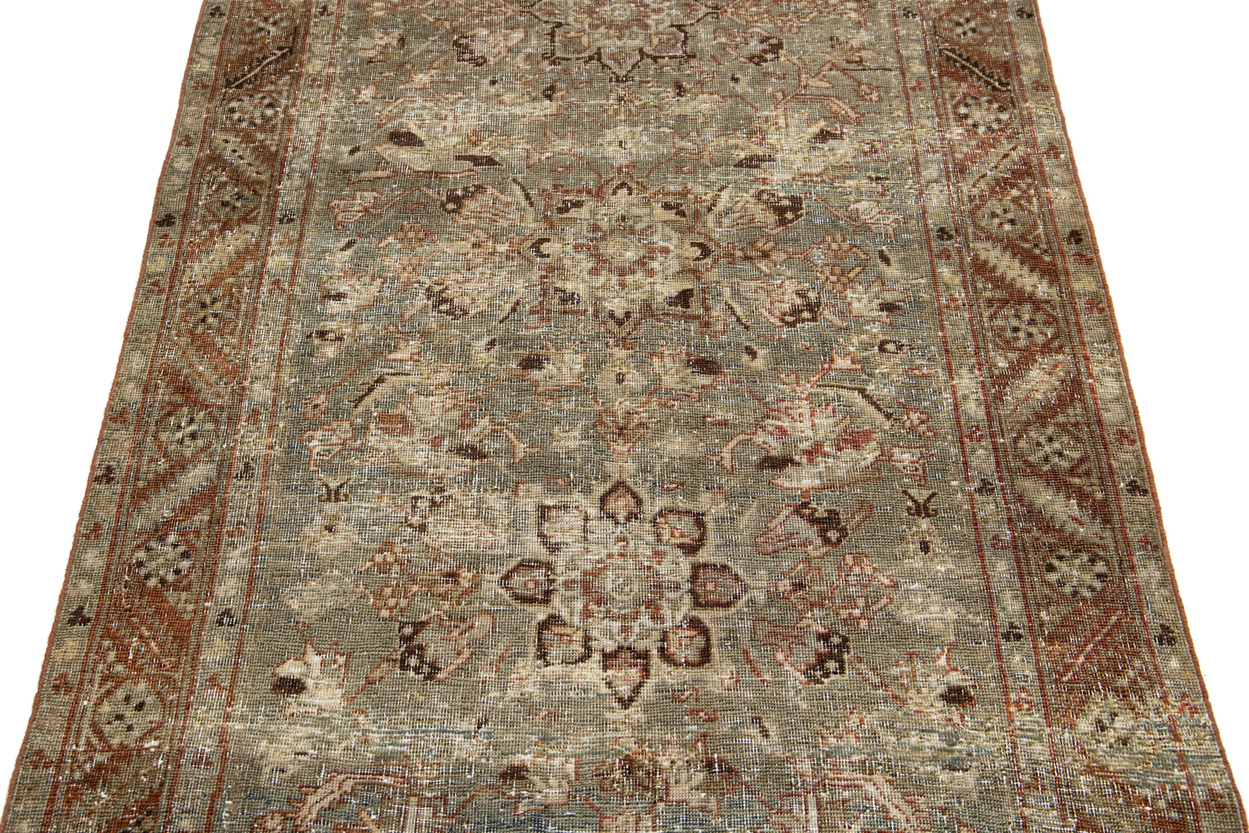  Allover Floral Antique Malayer Persian Wool Runner In Blue For Sale 1