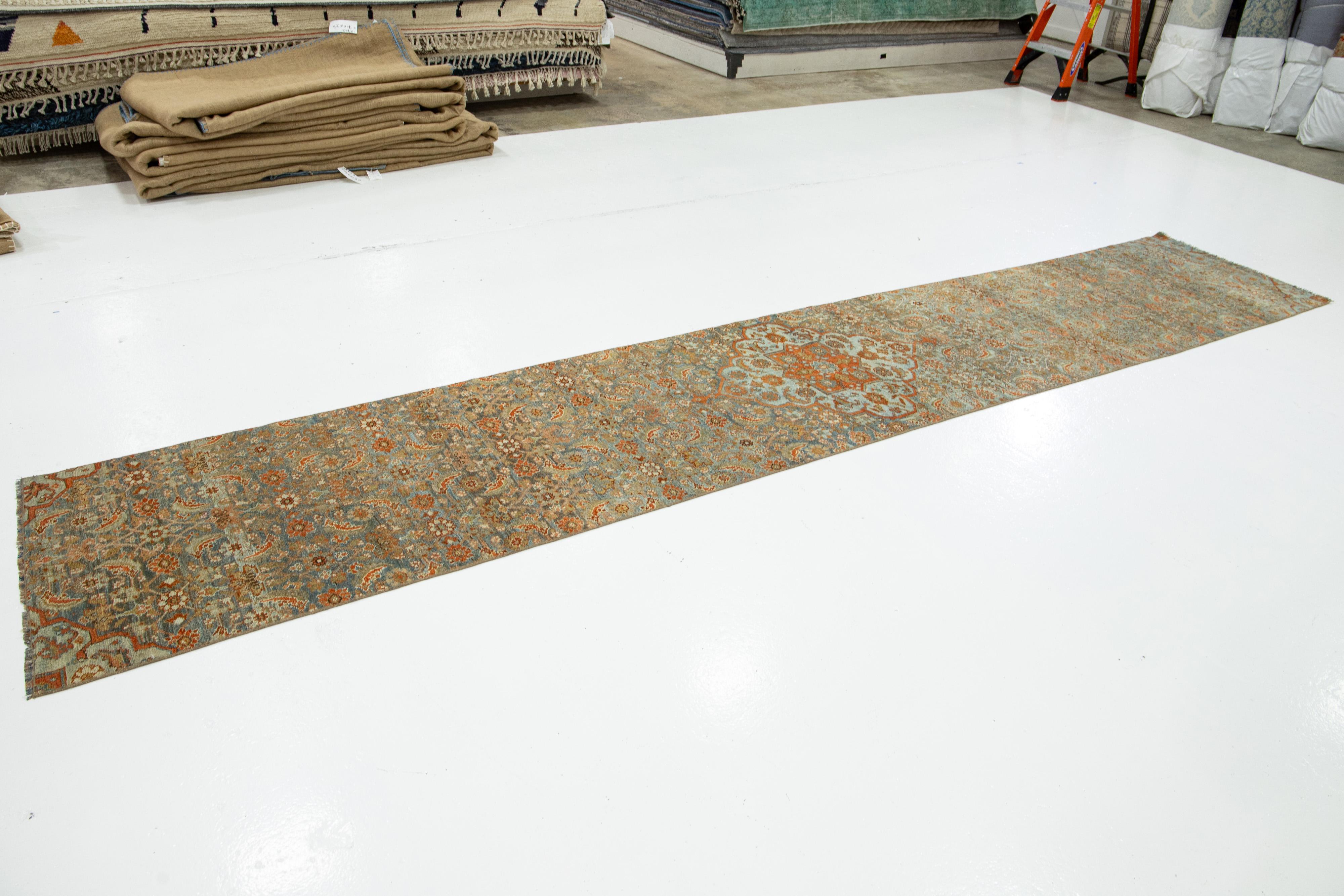 Hand-Knotted Allover Floral Antique Malayer Wool Runner In Blue and Orange For Sale