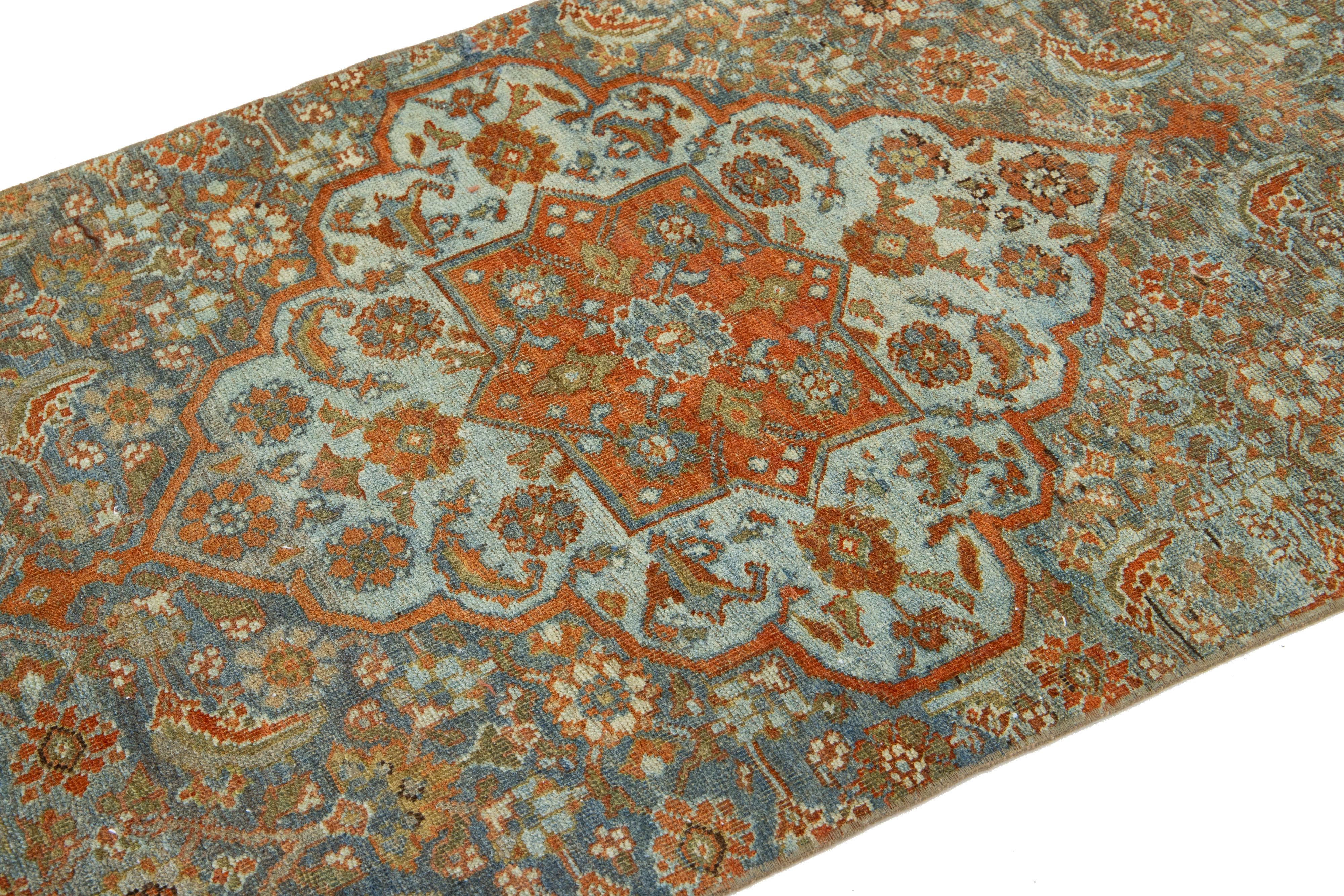 Allover Floral Antique Malayer Wool Runner In Blue and Orange In Good Condition For Sale In Norwalk, CT