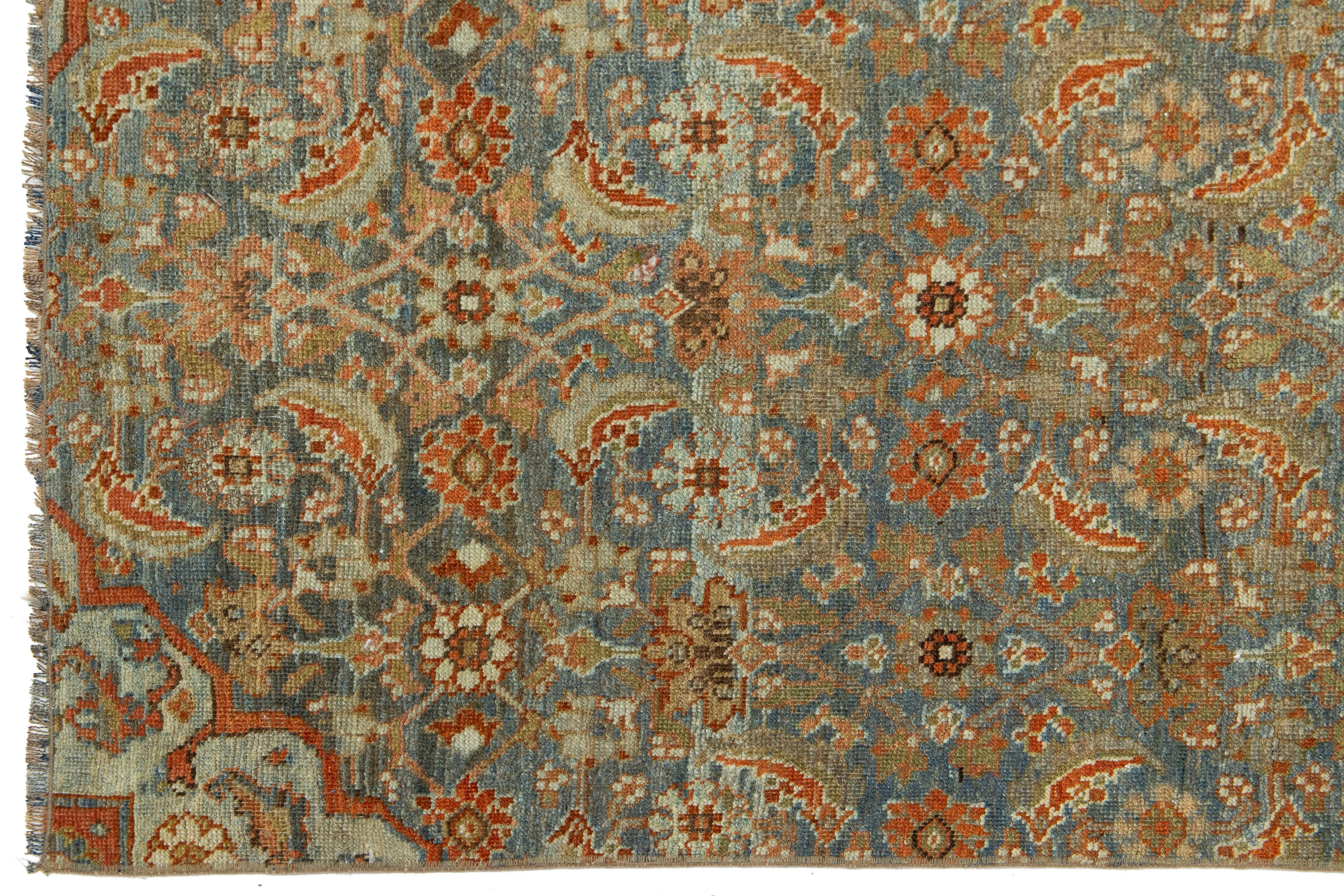 Allover Floral Antique Malayer Wool Runner In Blue and Orange For Sale 1