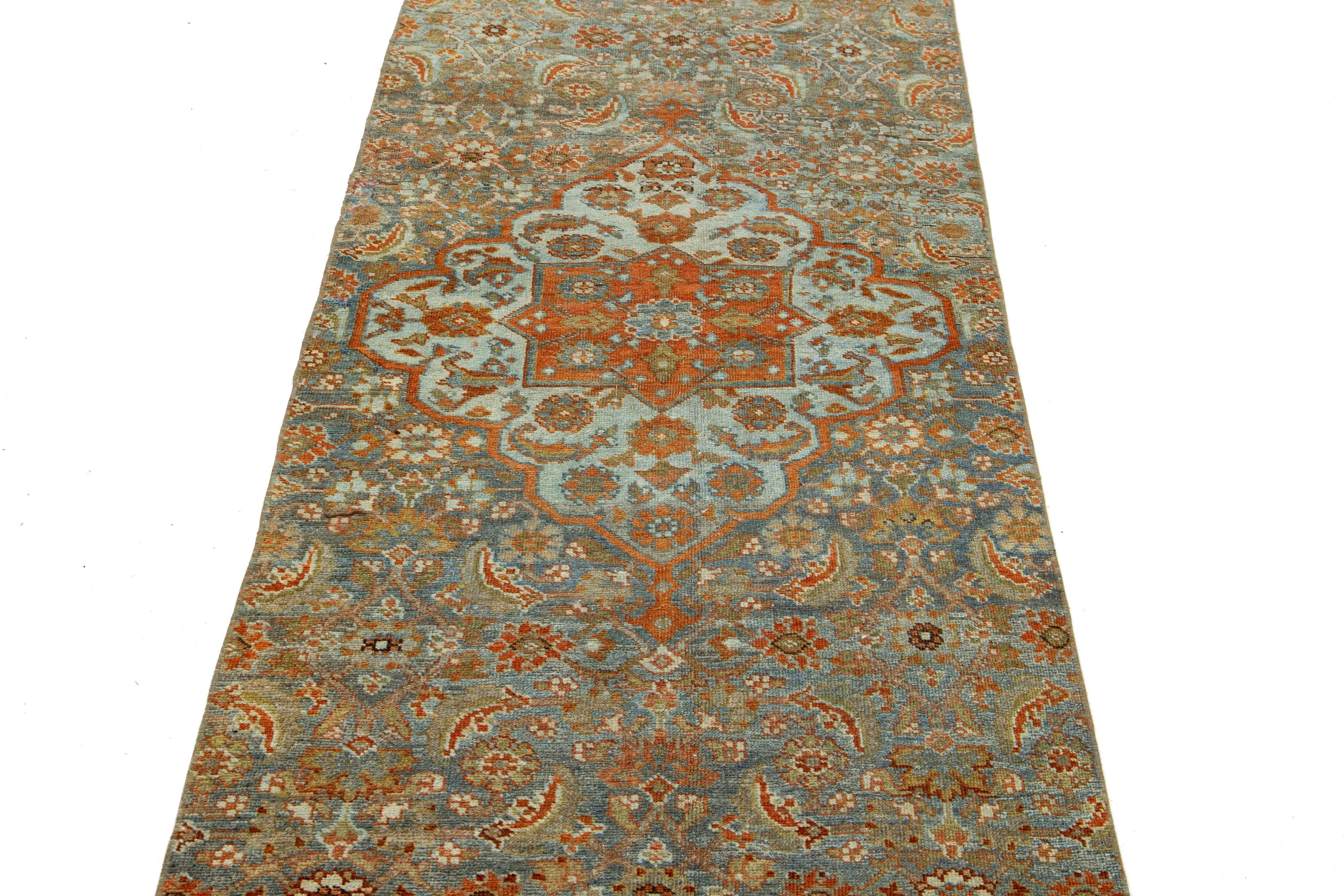 Allover Floral Antique Malayer Wool Runner In Blue and Orange For Sale 2