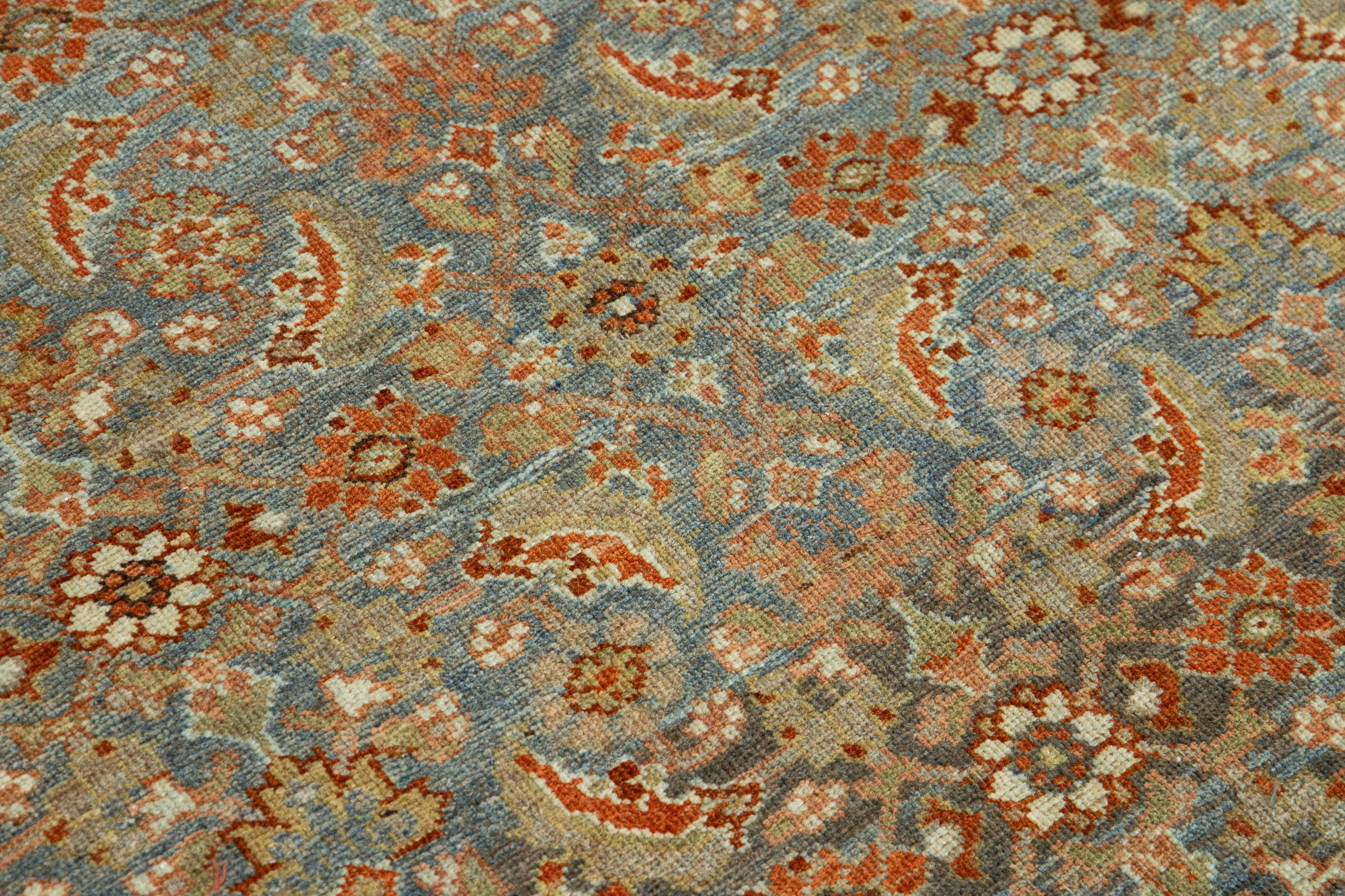 Allover Floral Antique Malayer Wool Runner In Blue and Orange For Sale 3
