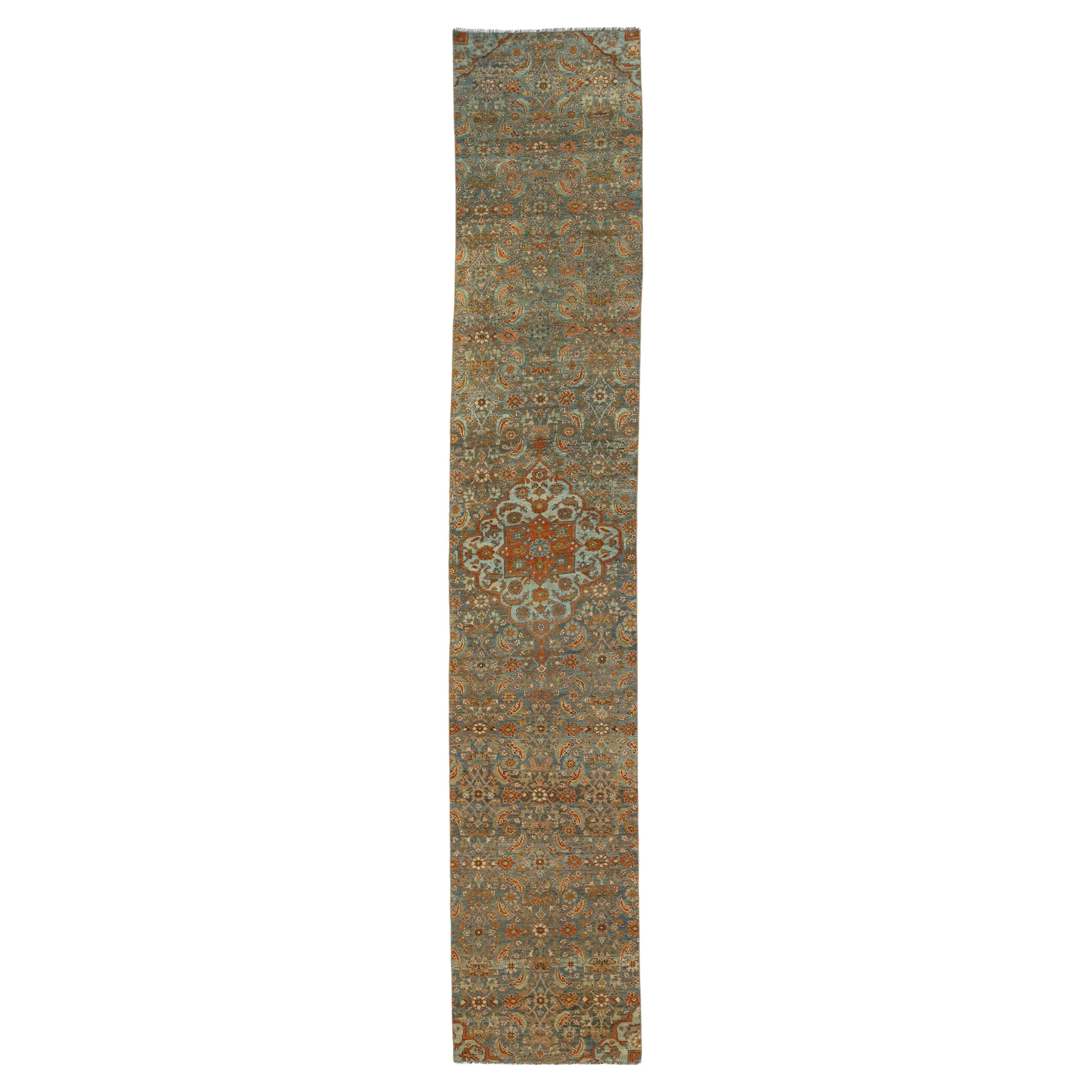 Allover Floral Antique Malayer Wool Runner In Blue and Orange For Sale