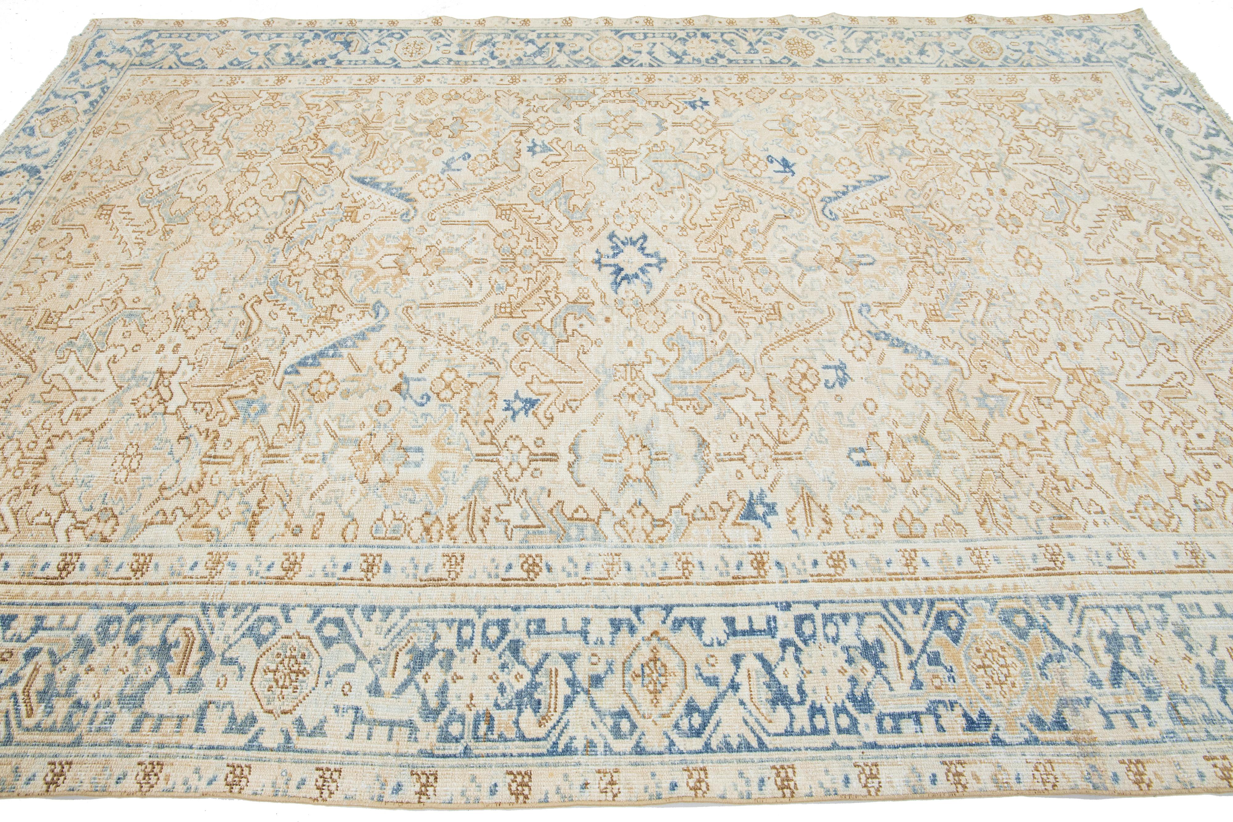 Heriz Serapi Allover Floral Antique Persian Heriz Wool Rug In Beige and Blue For Sale