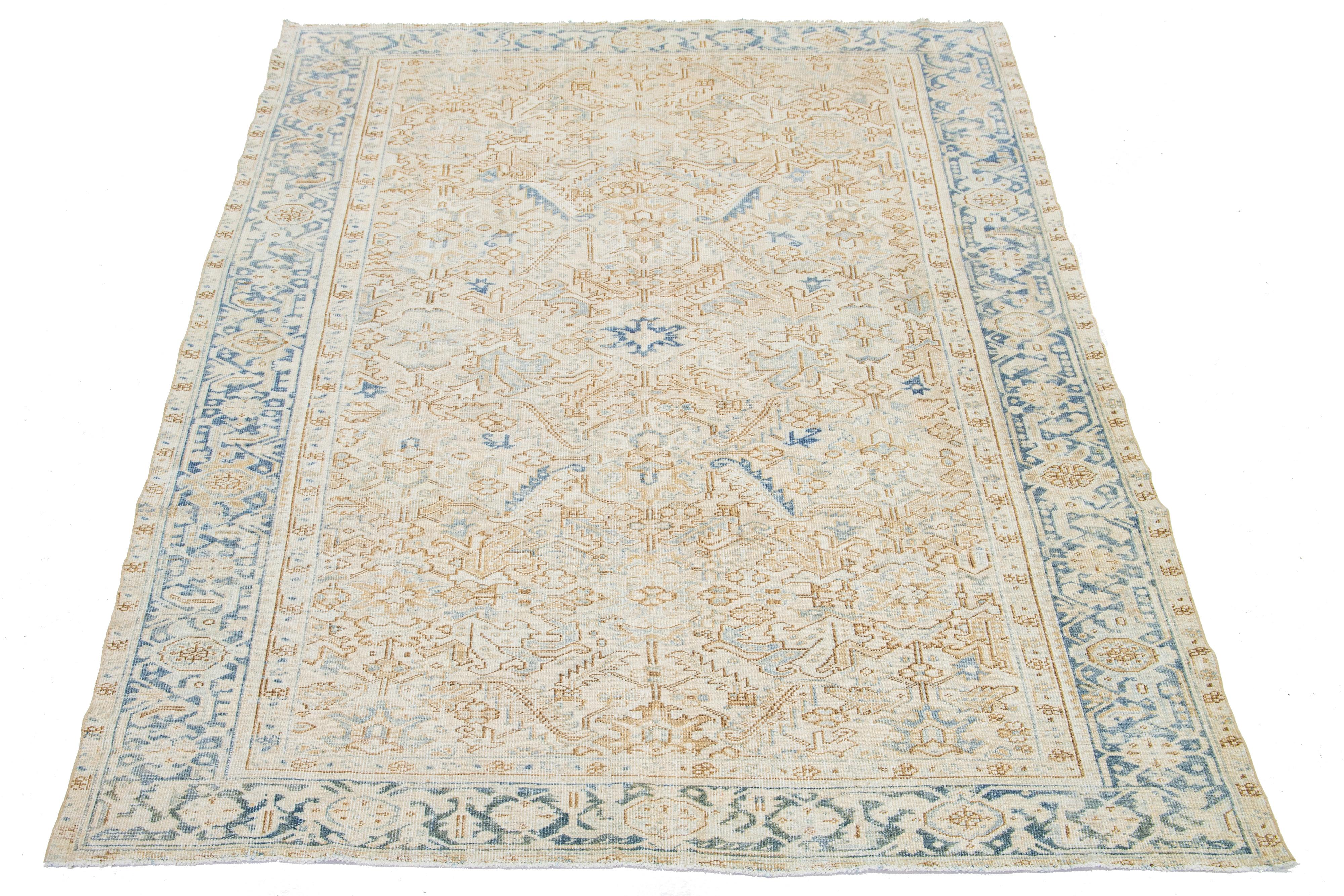Allover Floral Antique Persian Heriz Wool Rug In Beige and Blue In Good Condition For Sale In Norwalk, CT