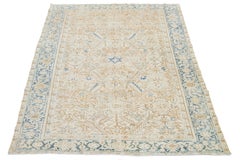 Allover Floral Antique Persian Heriz Wool Rug In Beige and Blue