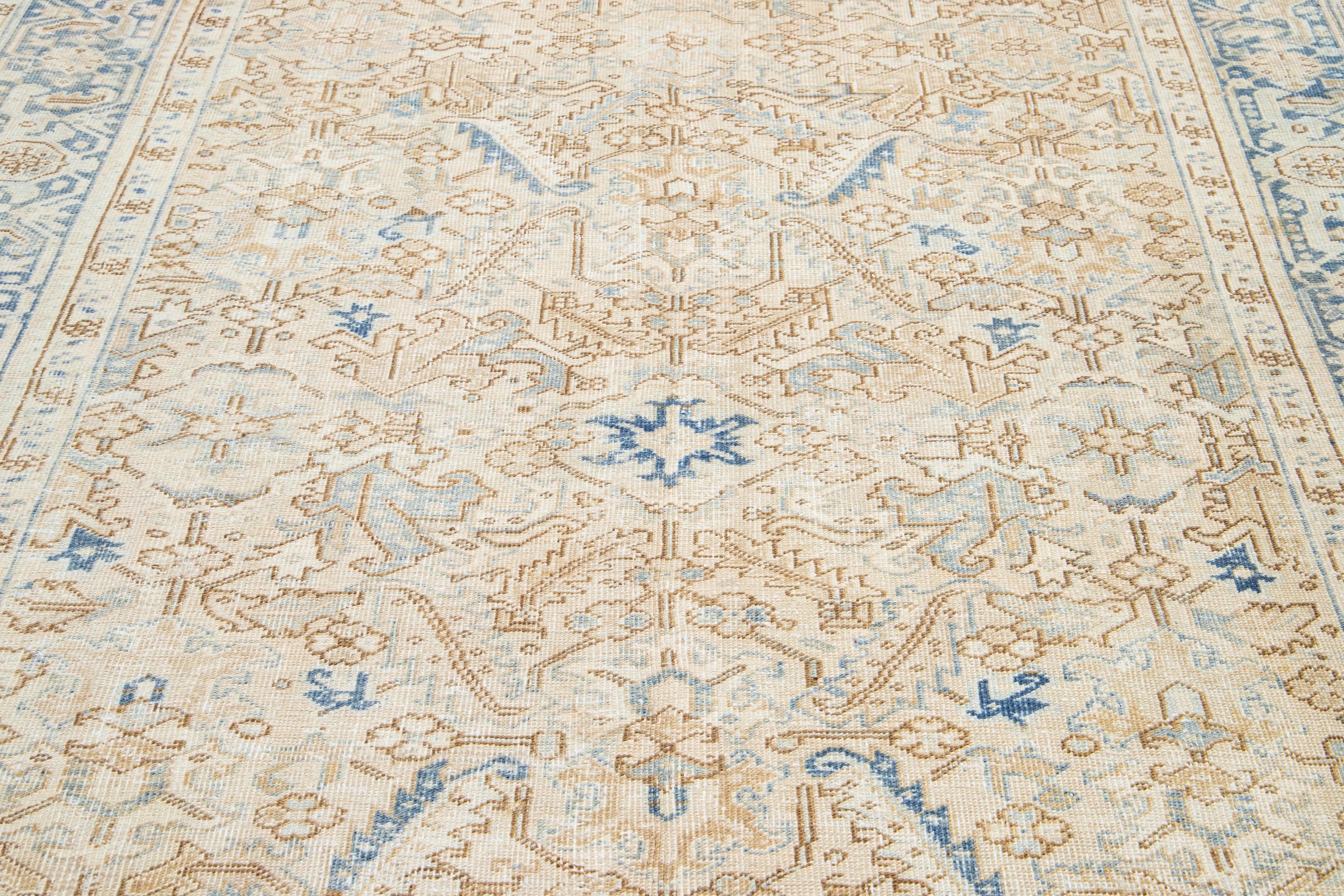 Early 20th Century Allover Floral Antique Persian Heriz Wool Rug In Beige and Blue For Sale