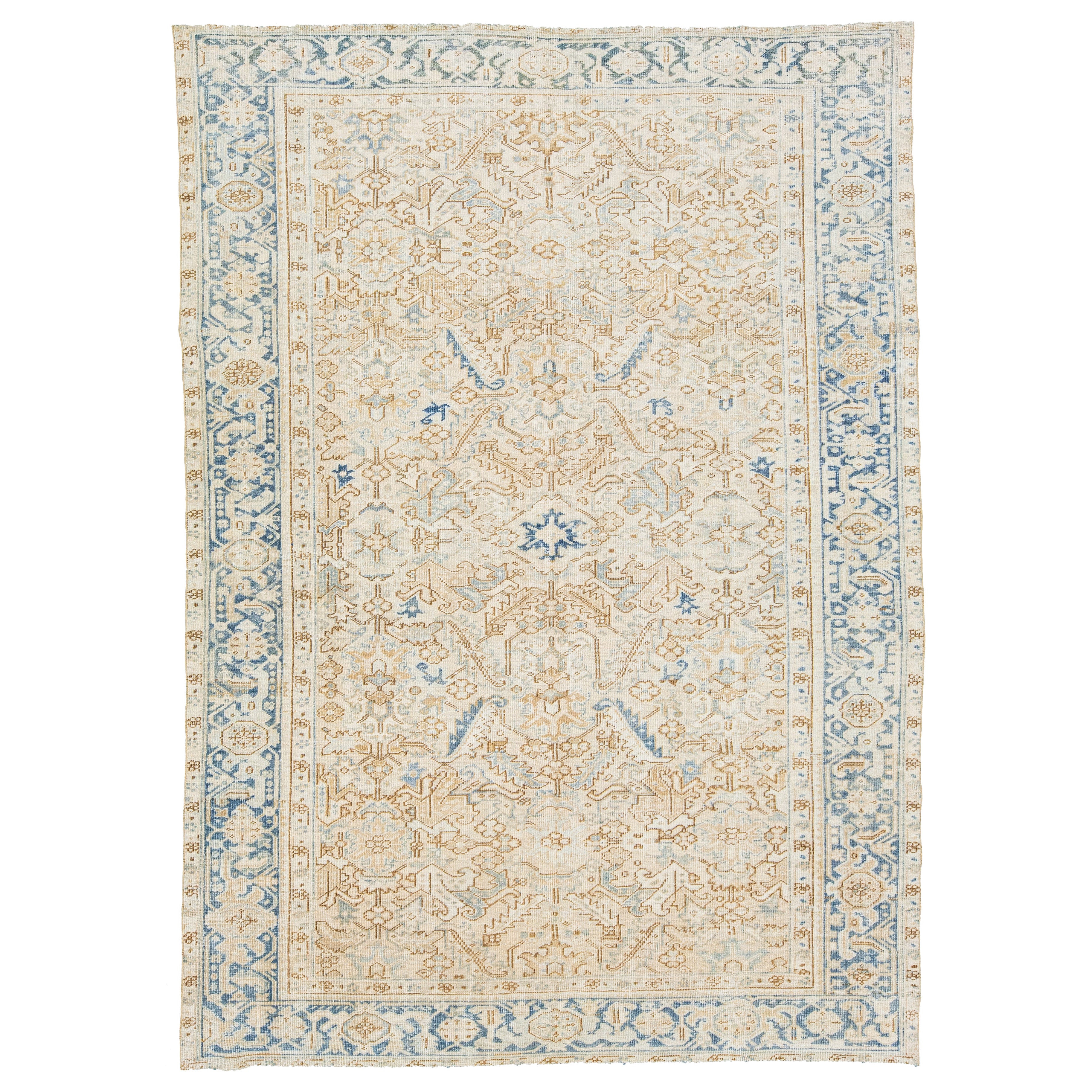 Tappeto floreale a trifoglio in lana persiana antica Heriz in beige e blu