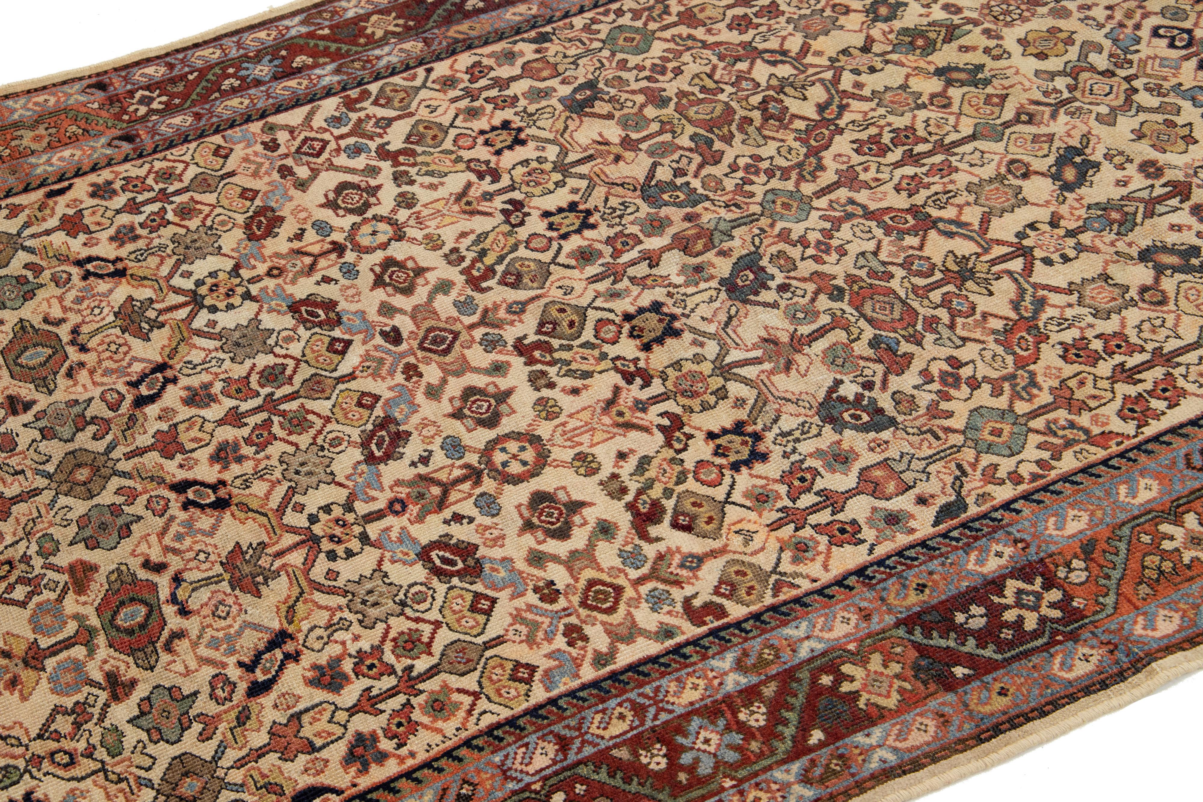 Allover Floral Designed Handmade Mahal Wolle Teppich in Beige aus den 1920er Jahren (Handgeknüpft) im Angebot