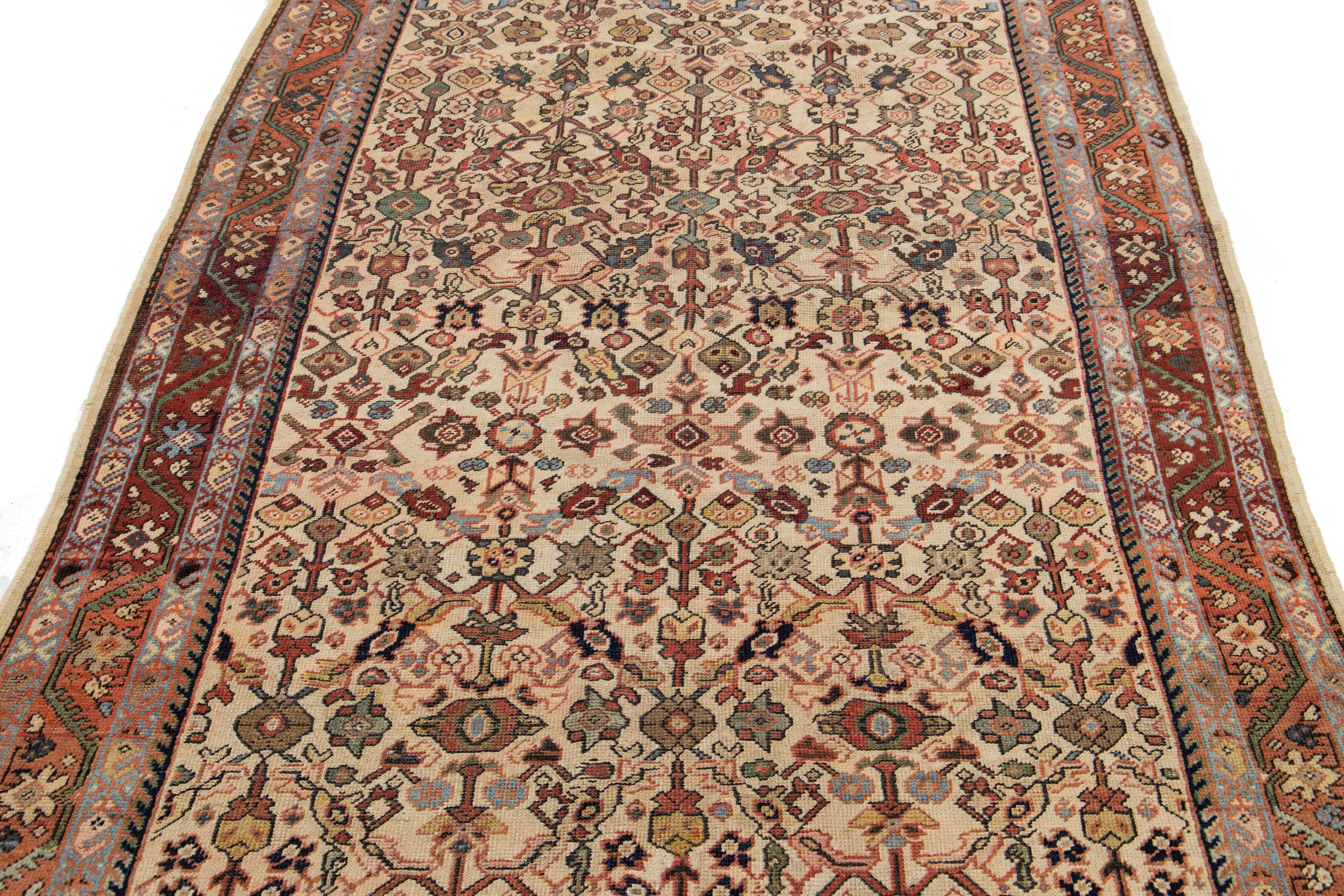 Allover Floral Designed Handmade Mahal Wolle Teppich in Beige aus den 1920er Jahren im Angebot 2