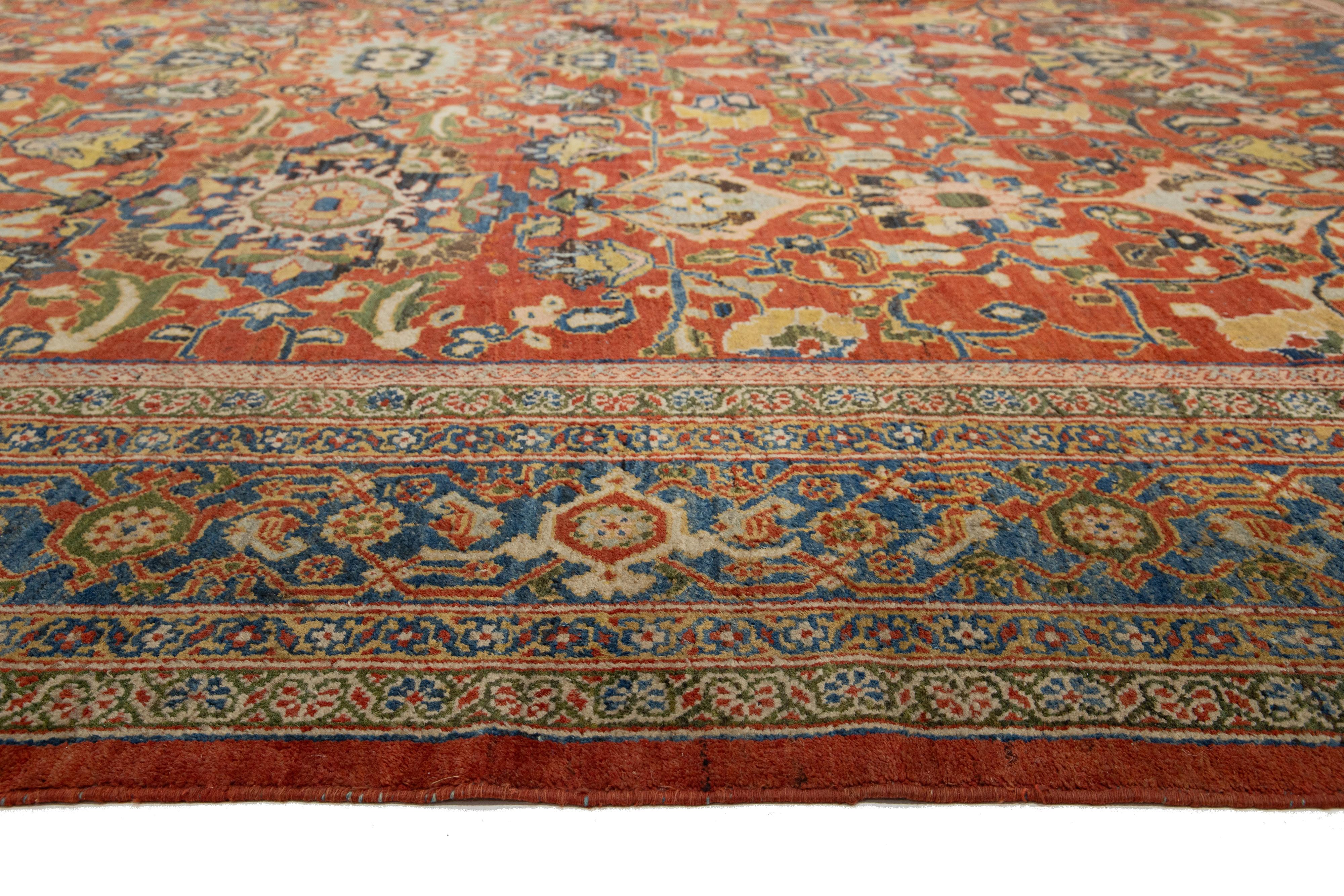 XIX secolo Tappeto Mahal in lana rossa con disegno floreale a trifoglio realizzato a mano nel 1880 in vendita