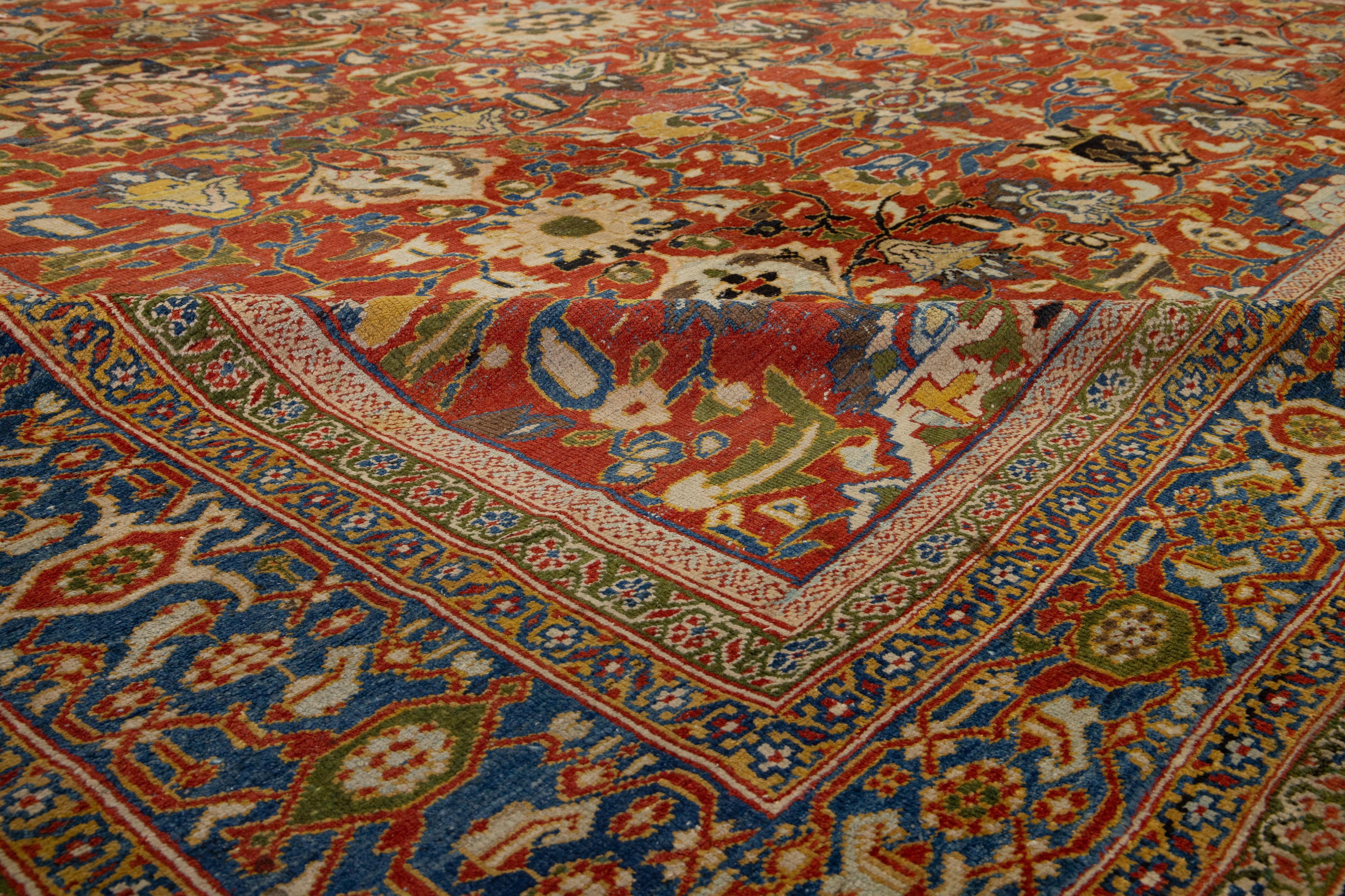 Lana Tappeto Mahal in lana rossa con disegno floreale a trifoglio realizzato a mano nel 1880 in vendita