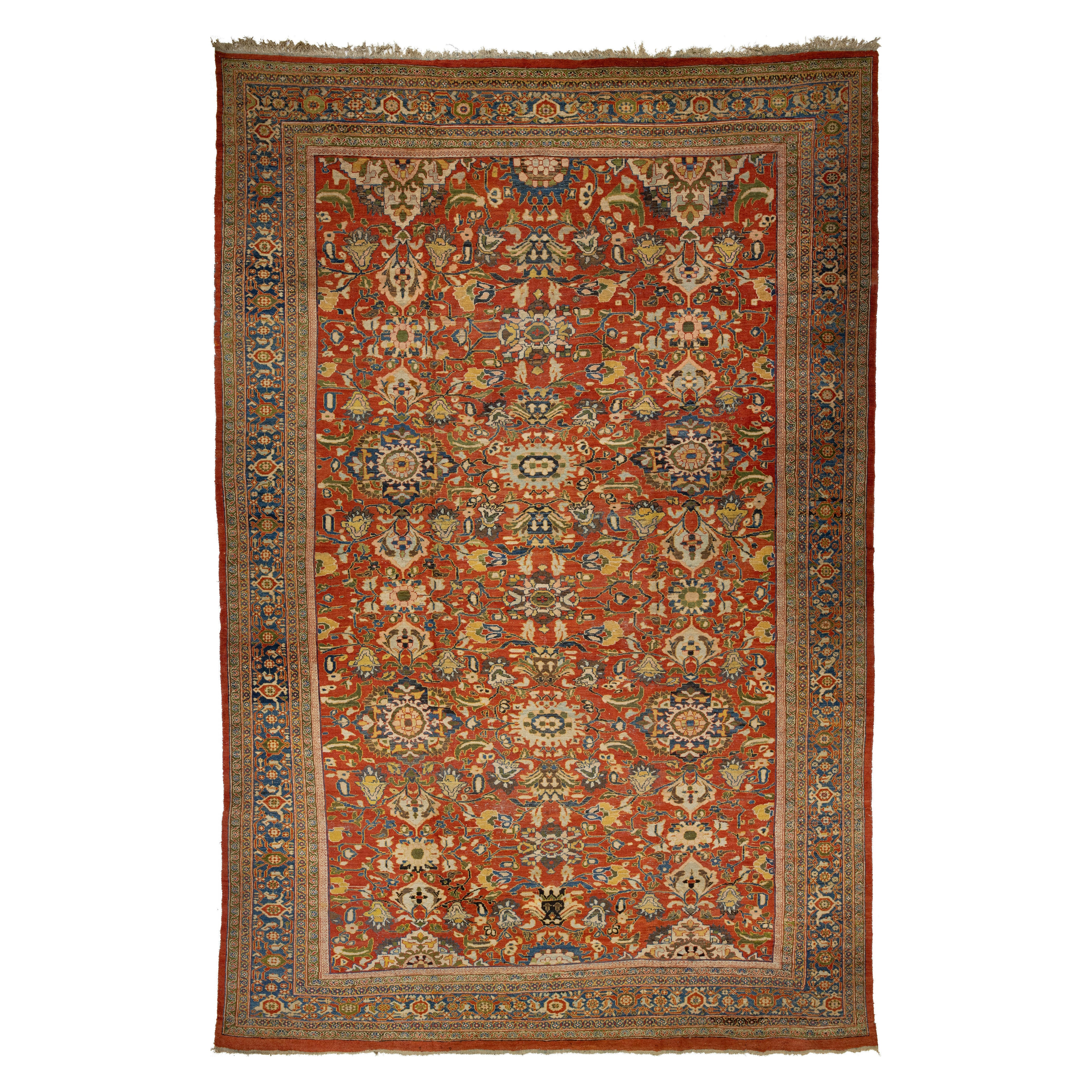 Tapis Mahal en laine rouge entièrement conçu à la main et à motifs floraux des années 1880