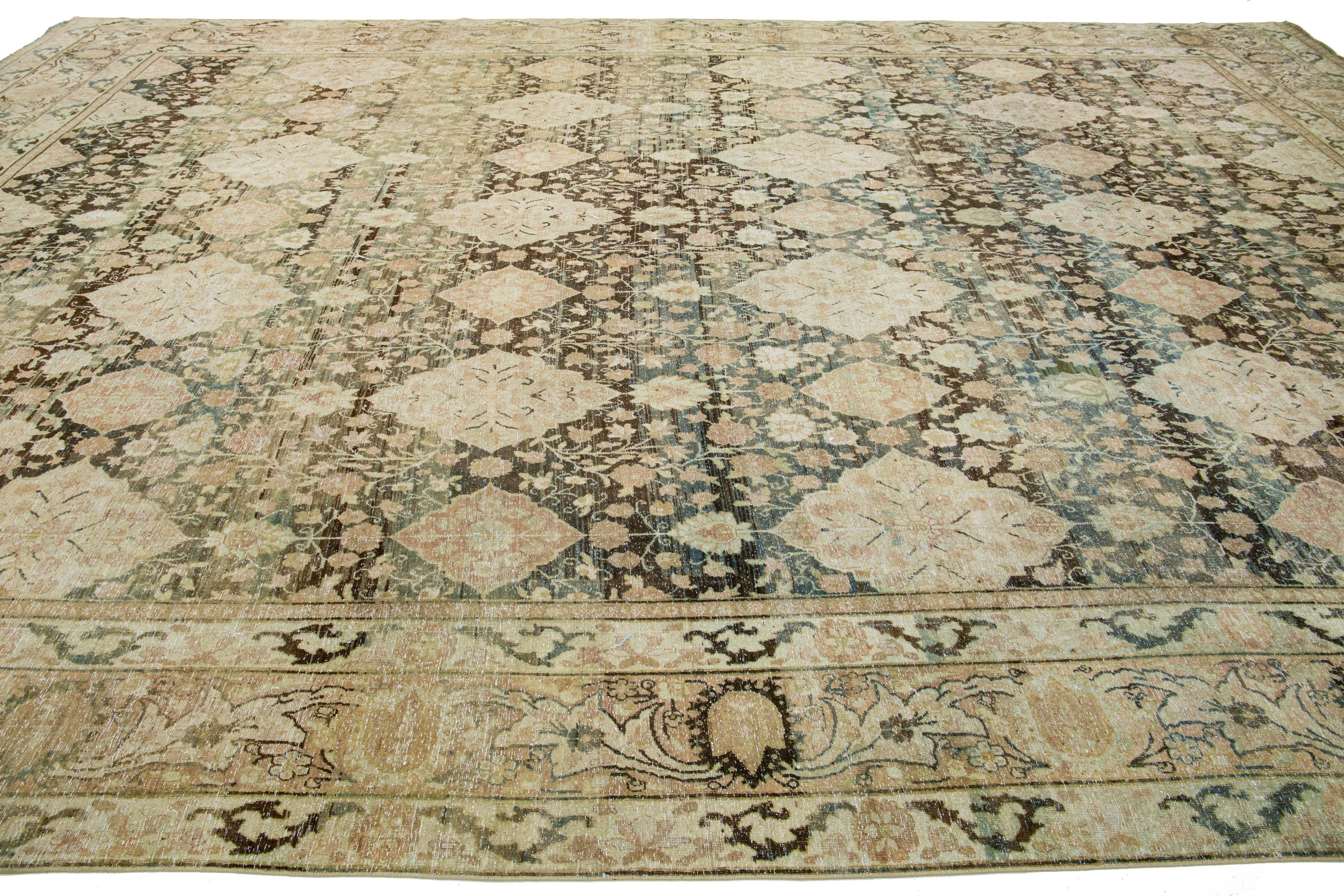 Hand-Knotted Allover Floral Designed Wool Rug Antique Persian Kerman from The 1900s  For Sale