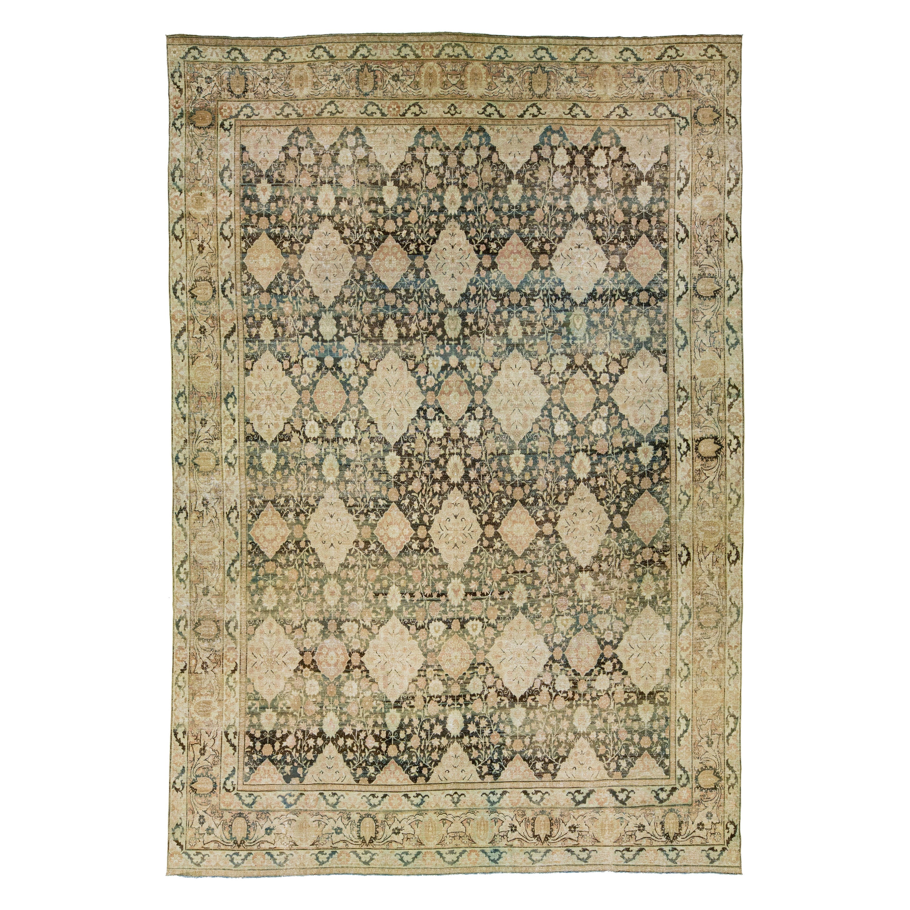 Tappeto in lana con disegni floreali a tutto campo Antico persiano Kerman del 1900 in vendita