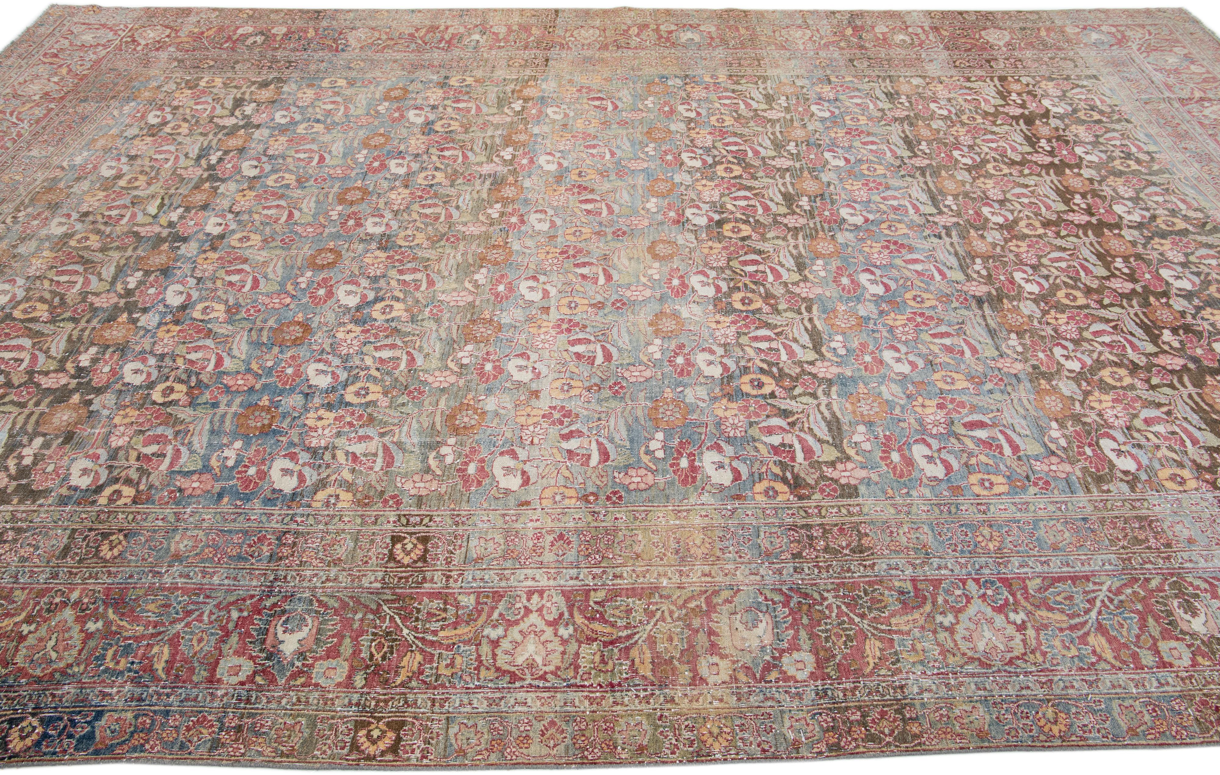 Allover Floral Handmade Antique Mahal Wool Rug in Earth Tones In Good Condition For Sale In Norwalk, CT