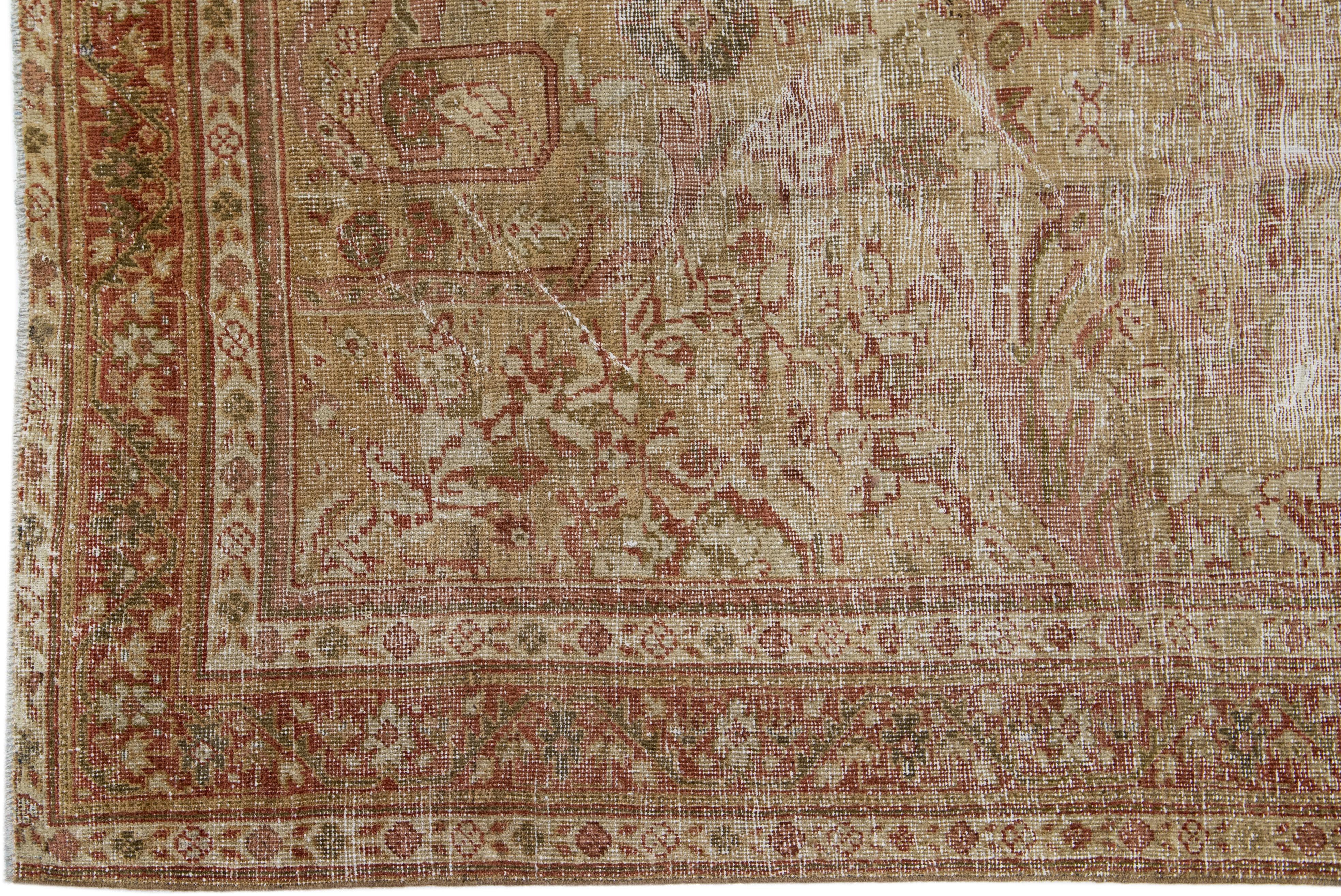 Allover Floral Handmade Antique Persian Malayer Gallery Wool Rug in Rust In Good Condition For Sale In Norwalk, CT