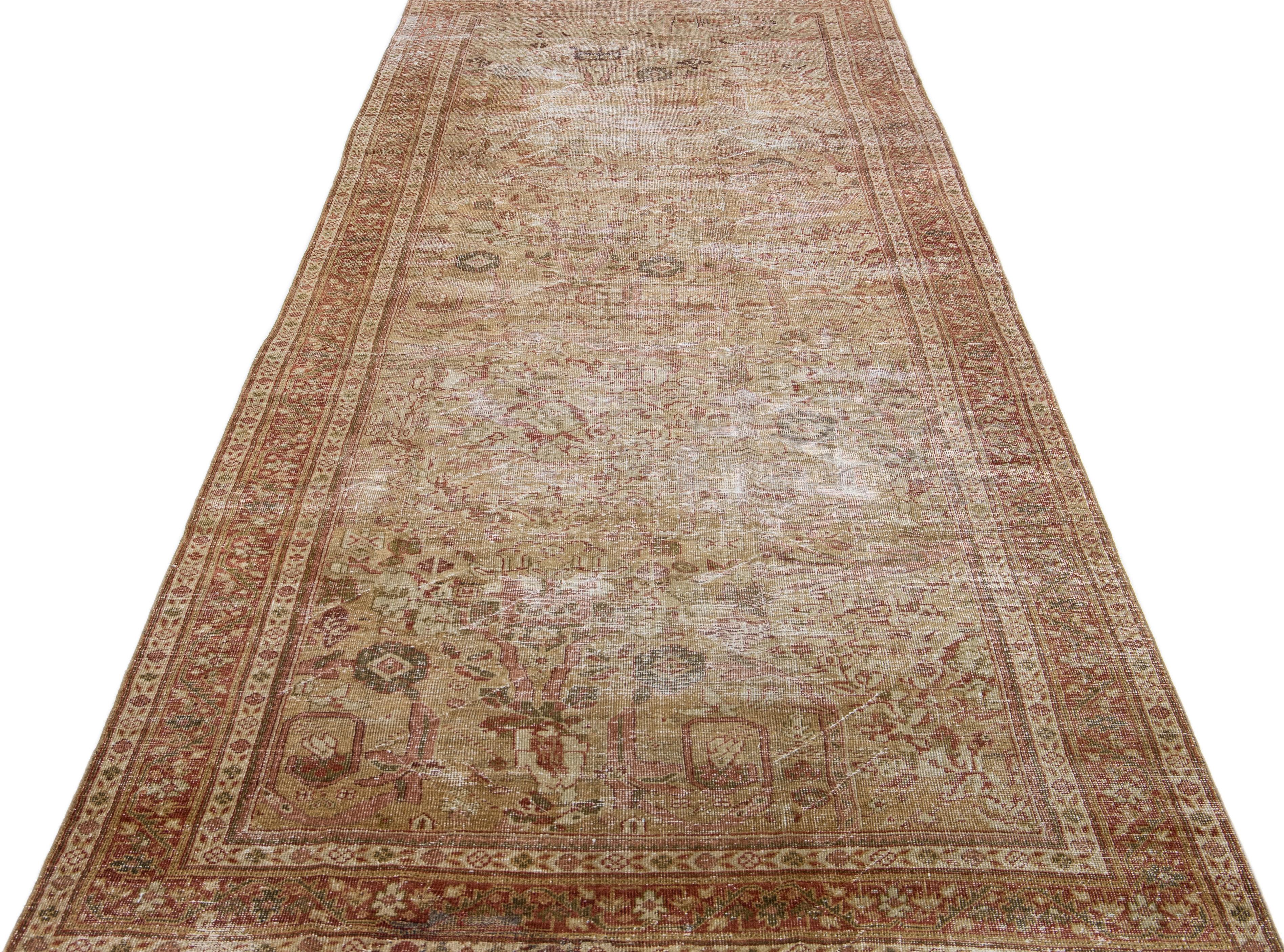 20th Century Allover Floral Handmade Antique Persian Malayer Gallery Wool Rug in Rust For Sale