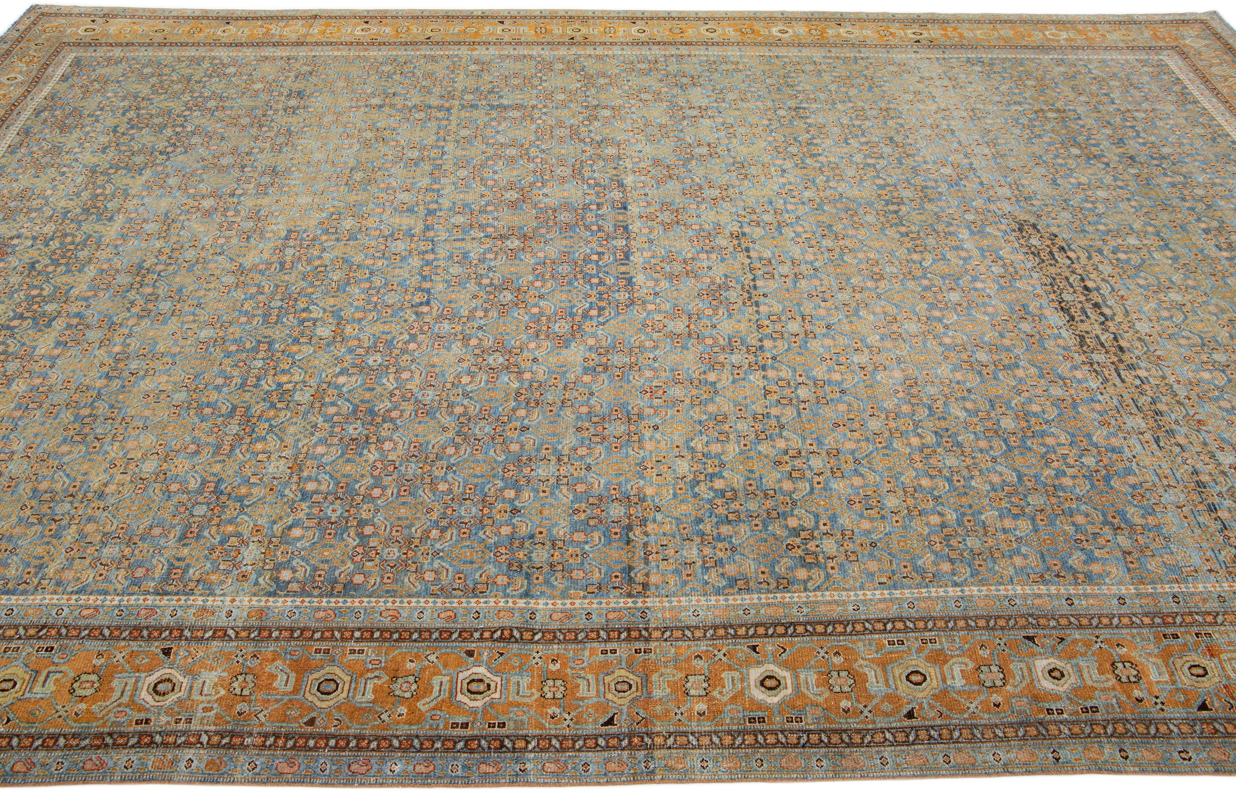 Hand-Knotted Allover Floral Handmade Antique Persian Malayer Wool Rug in Blue For Sale