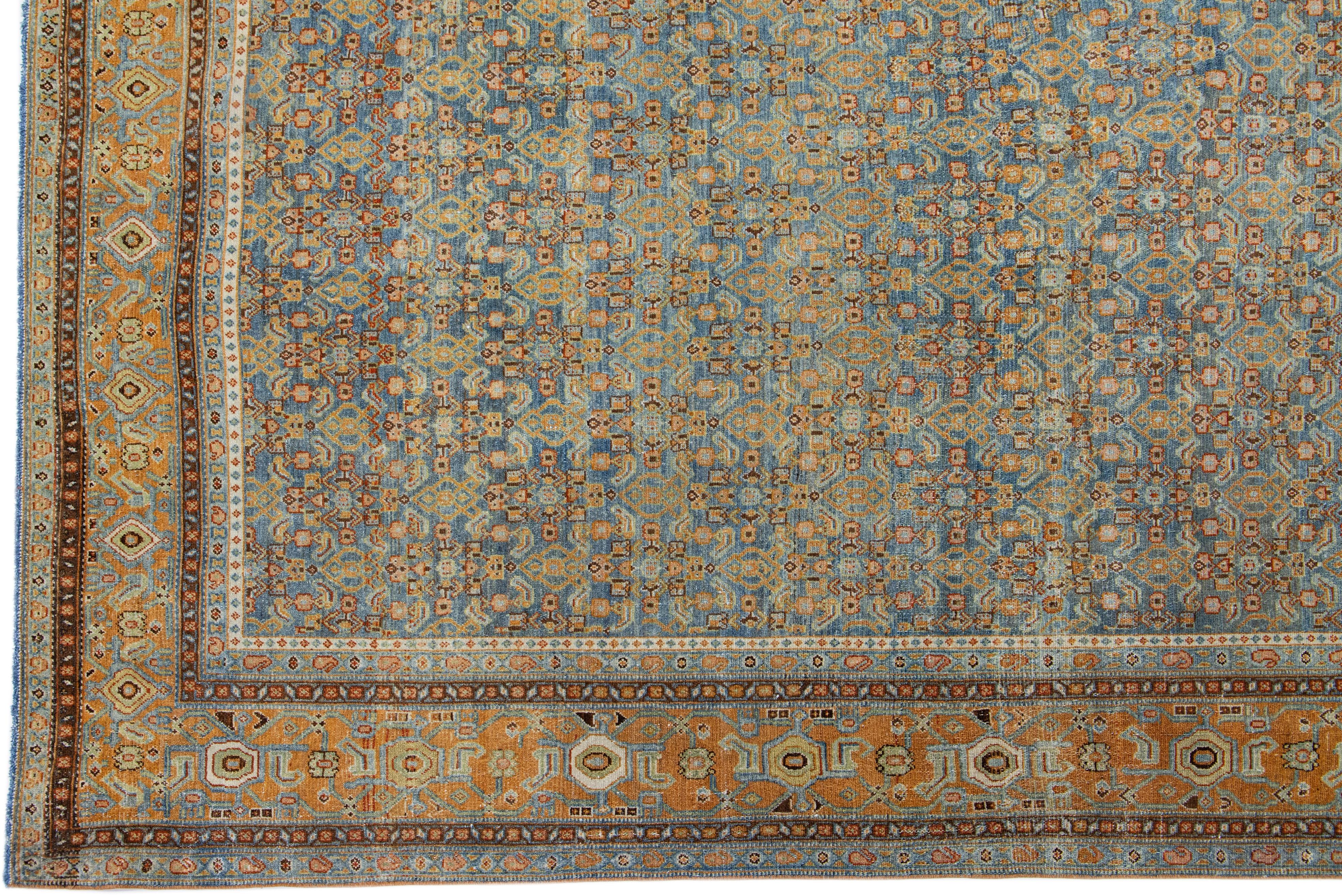 Allover Floral Handmade Antique Persian Malayer Wool Rug in Blue In Good Condition For Sale In Norwalk, CT