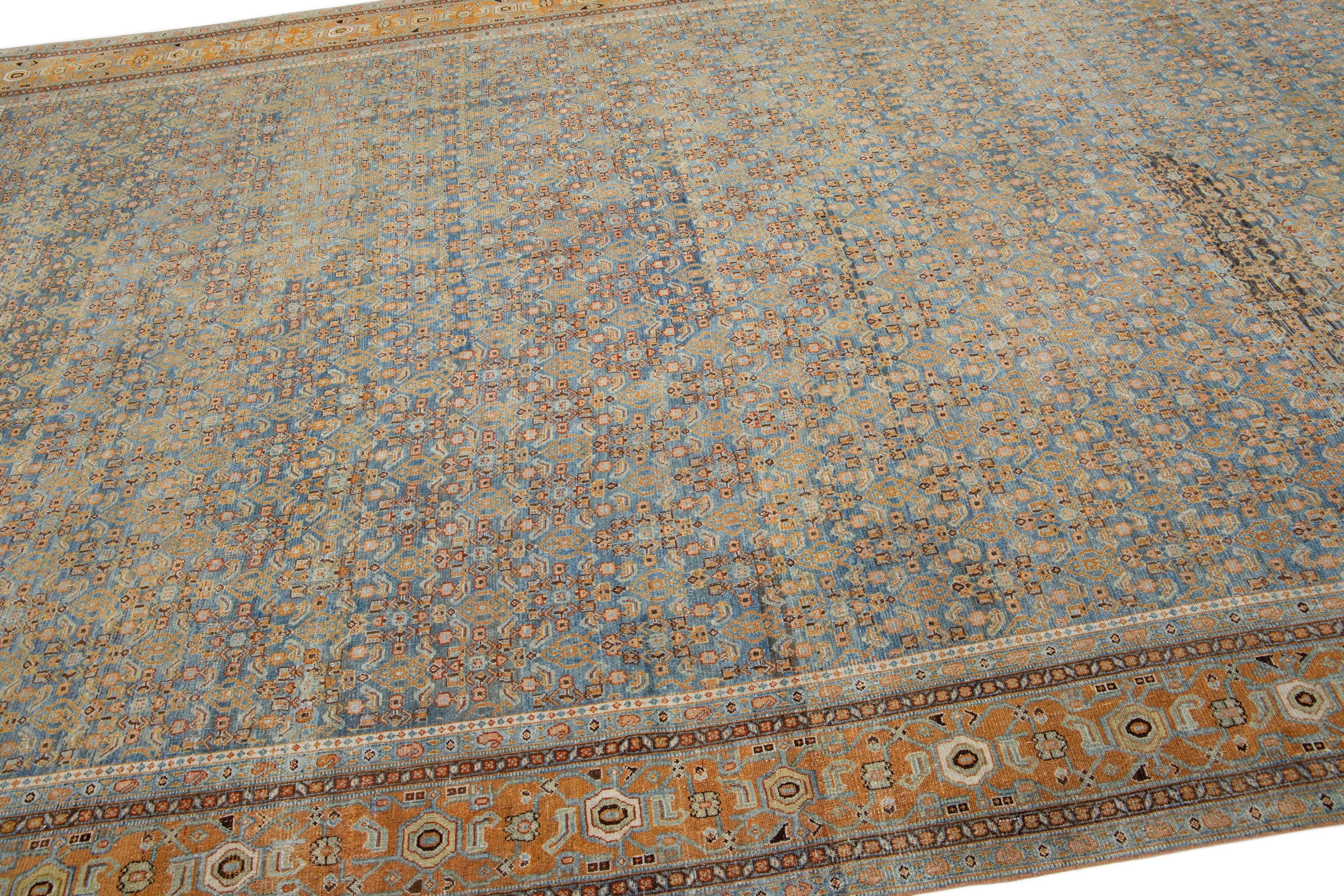 20th Century Allover Floral Handmade Antique Persian Malayer Wool Rug in Blue For Sale