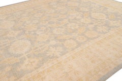 Allover Floral Modern Oushak Style Wool Rug Handmade in Gray
