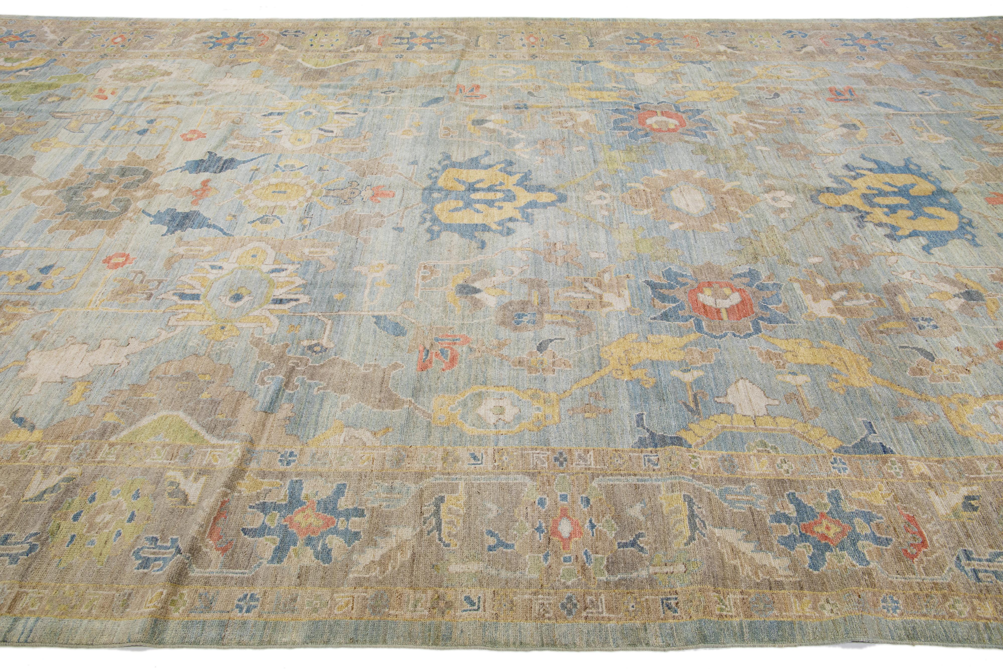 Hand-Knotted Allover Floral Modern Sultanabad Handmade Wool Rug in Blue For Sale