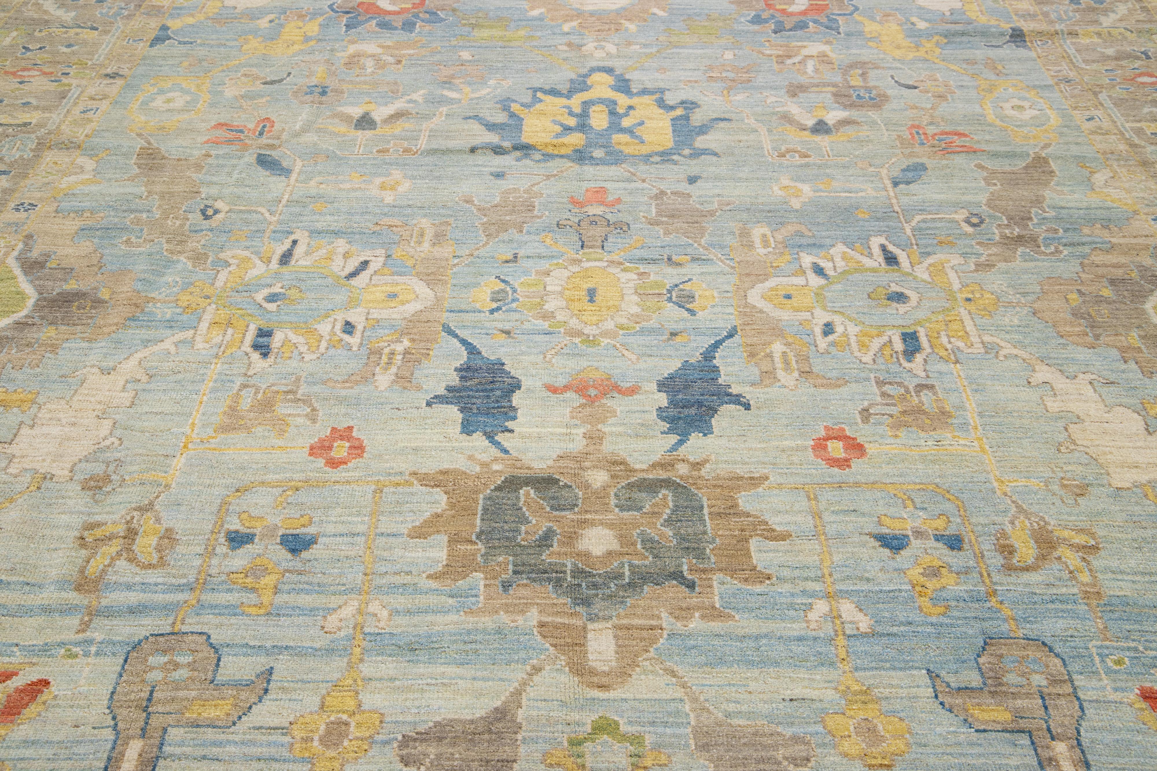 Contemporary Allover Floral Modern Sultanabad Handmade Wool Rug in Blue For Sale